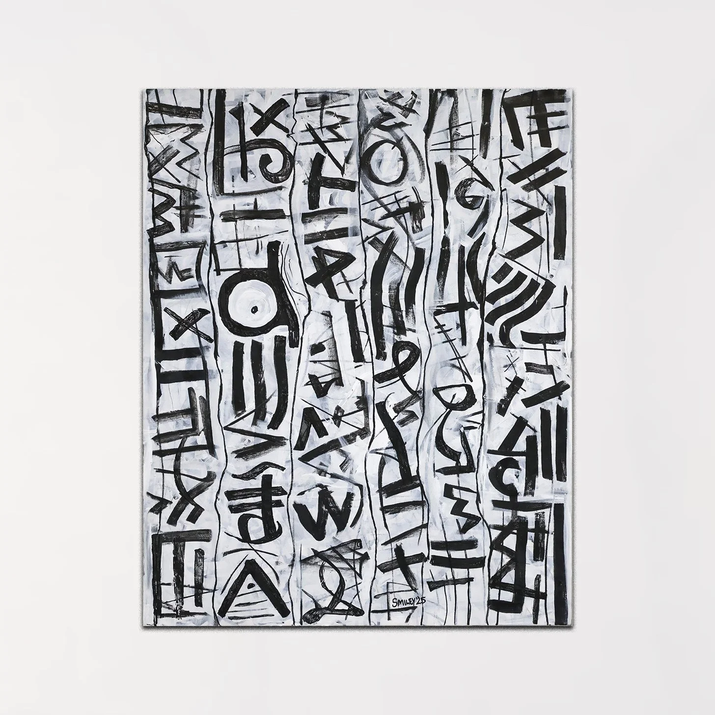 Temple Inscription / 2025 / Acrylic, acrylic paint marker, and charcoal on canvas / 24 x 30 inches / Private collection