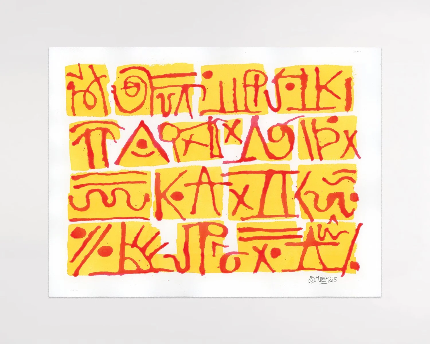 Alphabet (Red Orange and Yellow) / 2025 / Acrylic ink on Arches / 12 x 16 inches