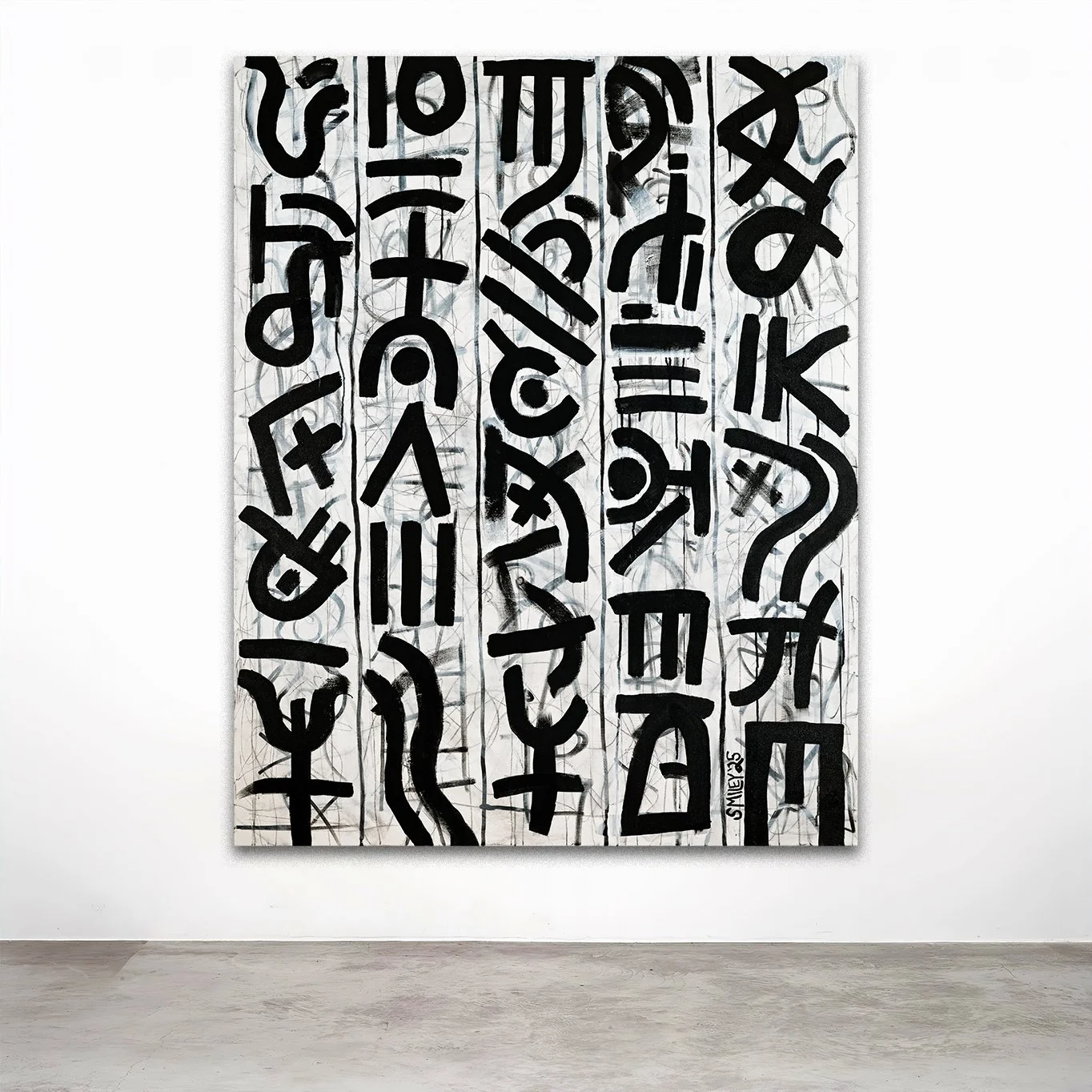 Of Unknown Origin / 2025 / Acrylic, paint marker, charcoal, and graphite on canvas / 48 x 60 inches
