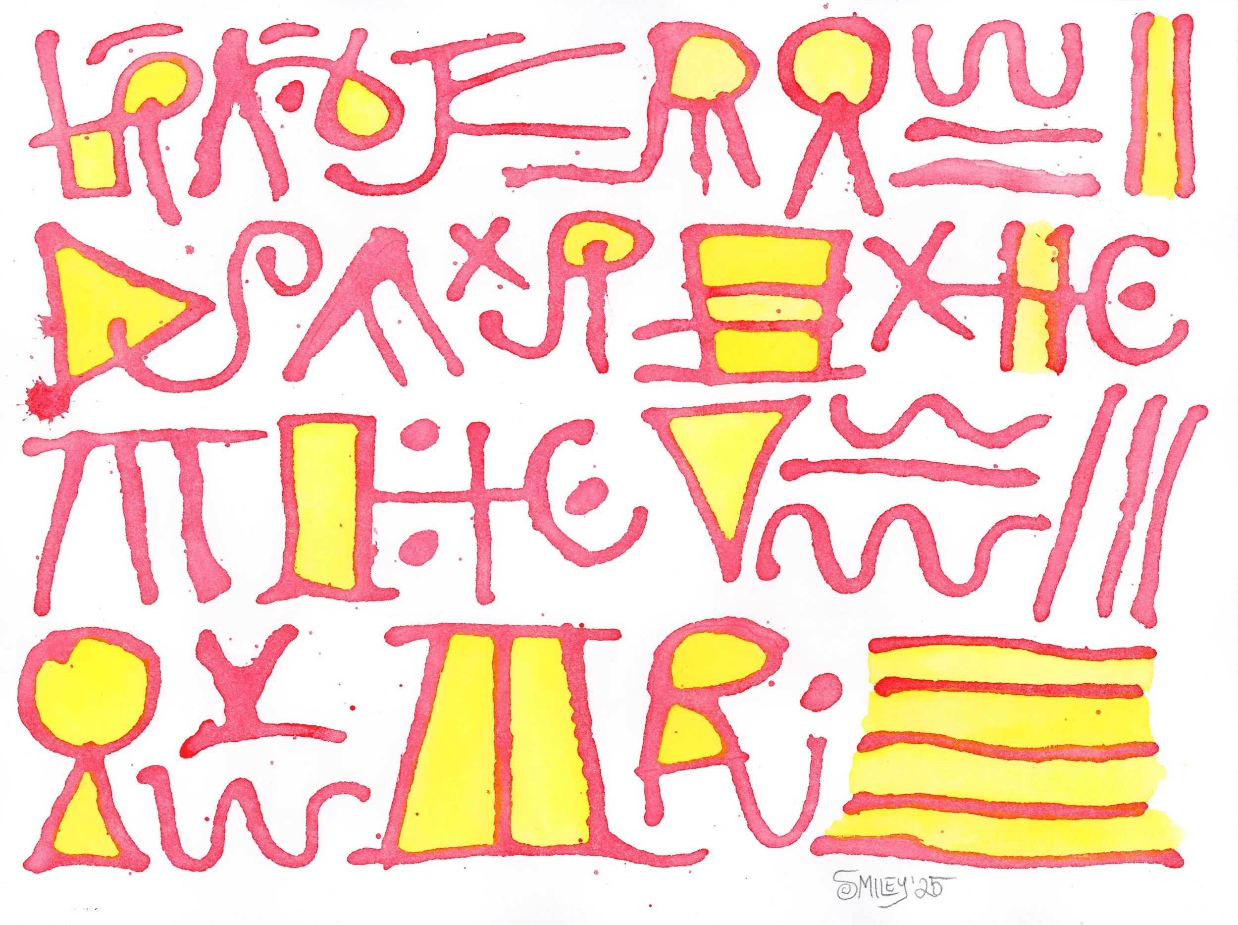 Alphabet (Pink and Yellow) / 2025 / acrylic ink on Arches / 12 x 16 inches / $175