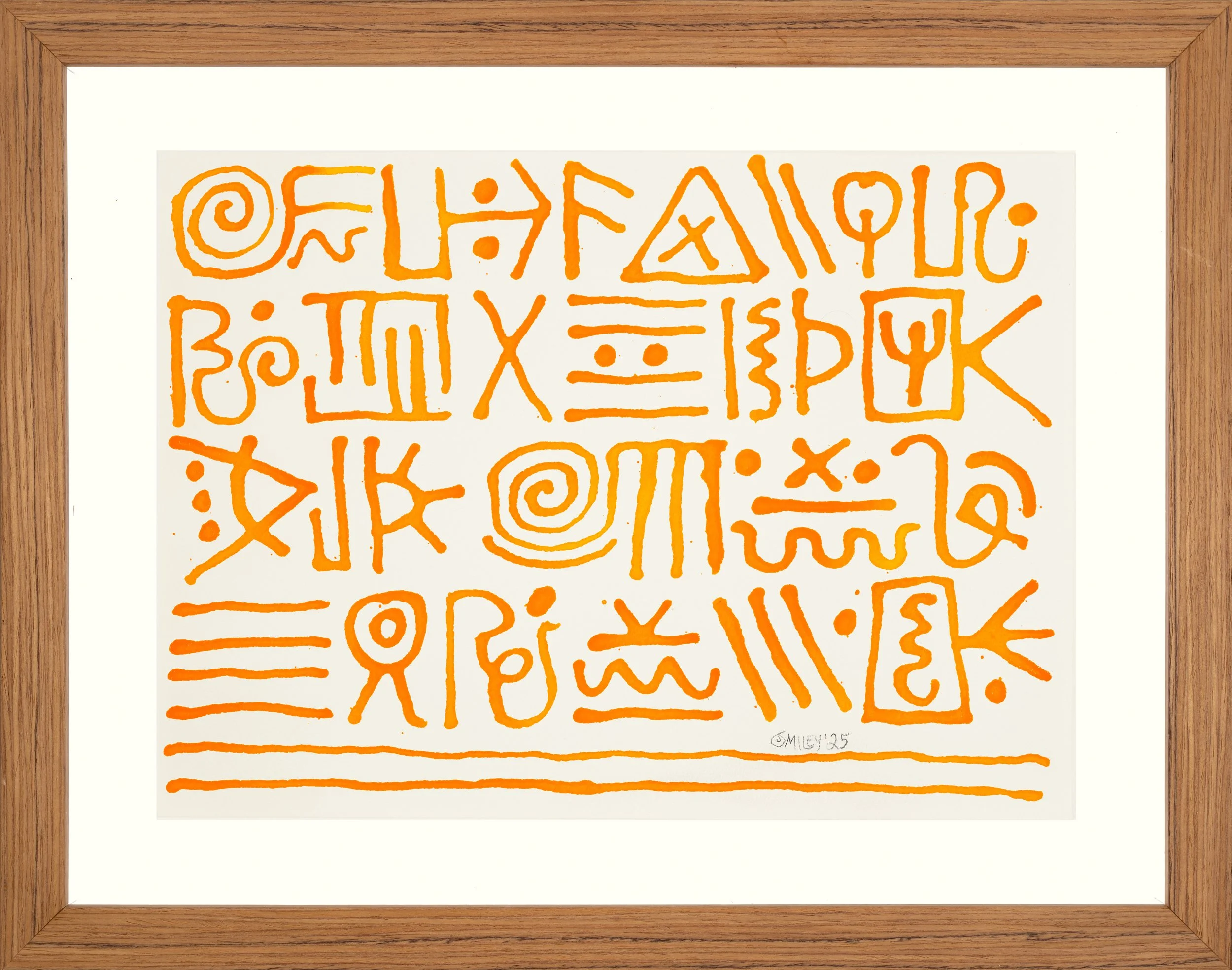 Alphabet (Yellow) / 2025 / acrylic ink on Arches mounted on board / 10 x 14 inches (image size) / 14.75 x 18.75 x 1.75 inches (overall size) / $425 / frame included