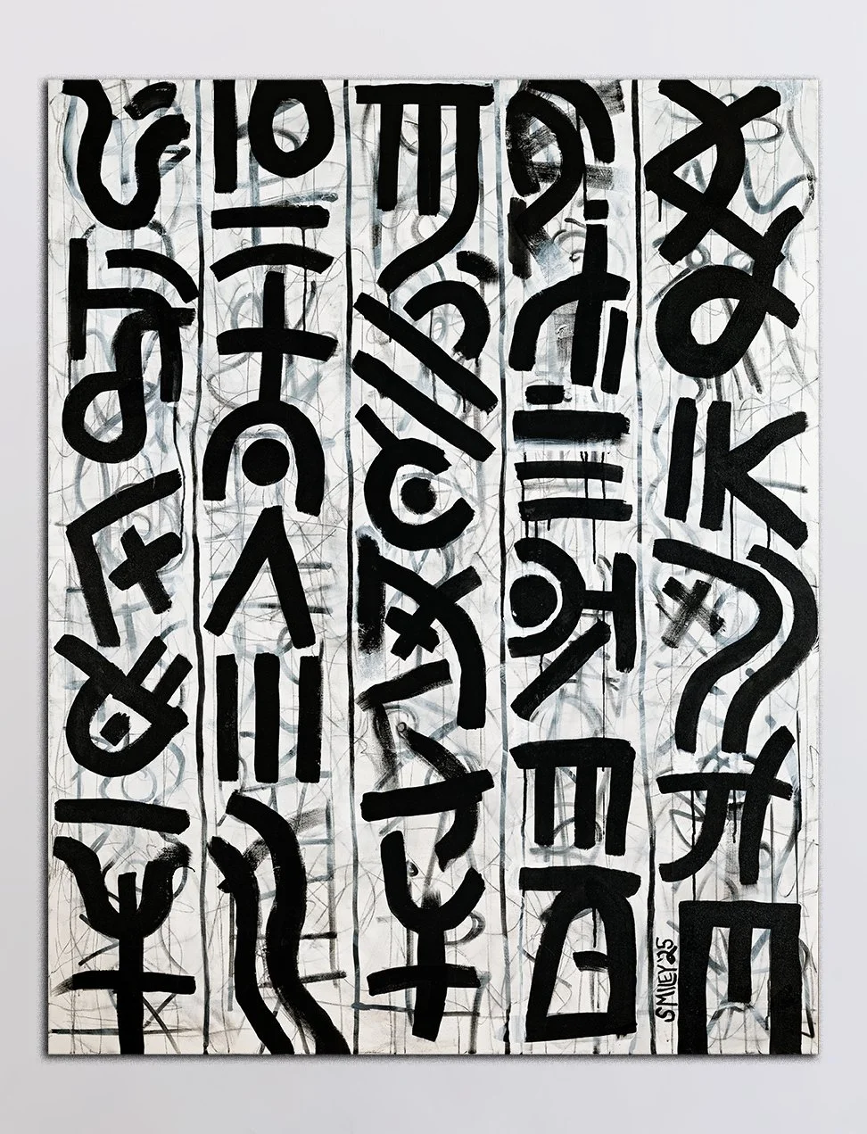 Of Unknown Origin / 2025 / Acrylic, paint marker, charcoal, and graphite on canvas / 48 x 60 inches