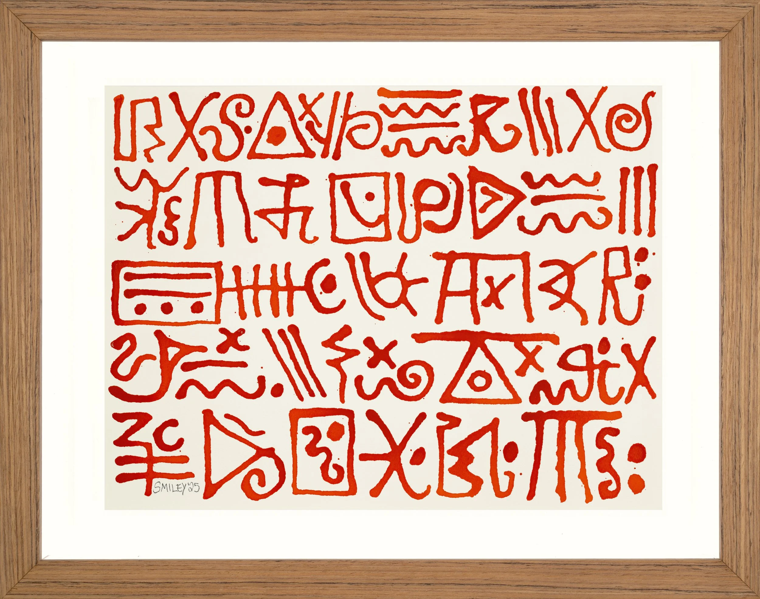 Alphabet (Red) / 2025 / acrylic ink on Arches mounted on board / 10 x 14 inches (image size) / 14.75 x 18.75 x 1.75 inches (overall size) / $425 / frame included