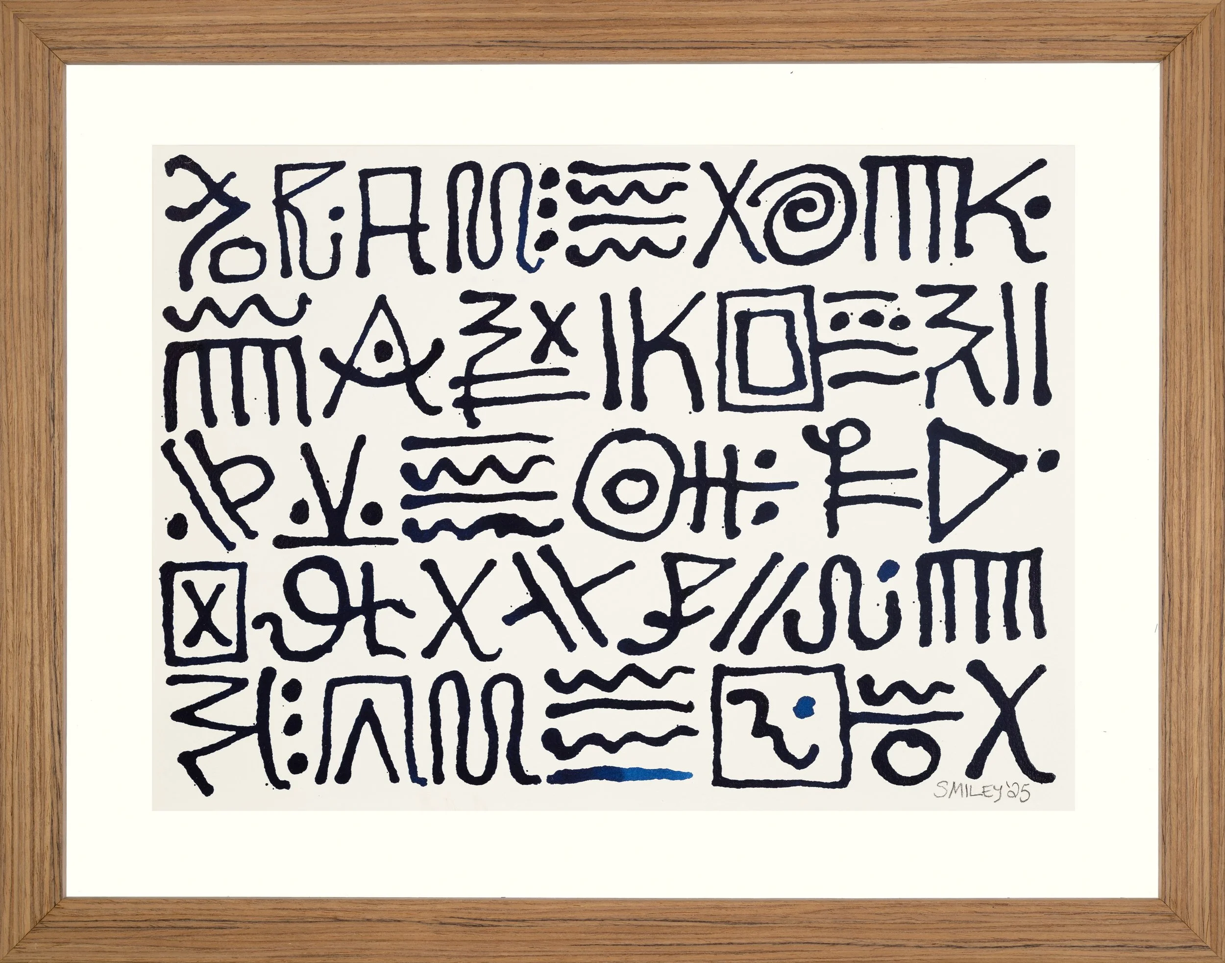 Alphabet (Blue) / 2025 / acrylic ink on Arches mounted on board / 10 x 14 inches (image size) / 14.75 x 18.75 x 1.75 inches (overall size) / $425 / frame included