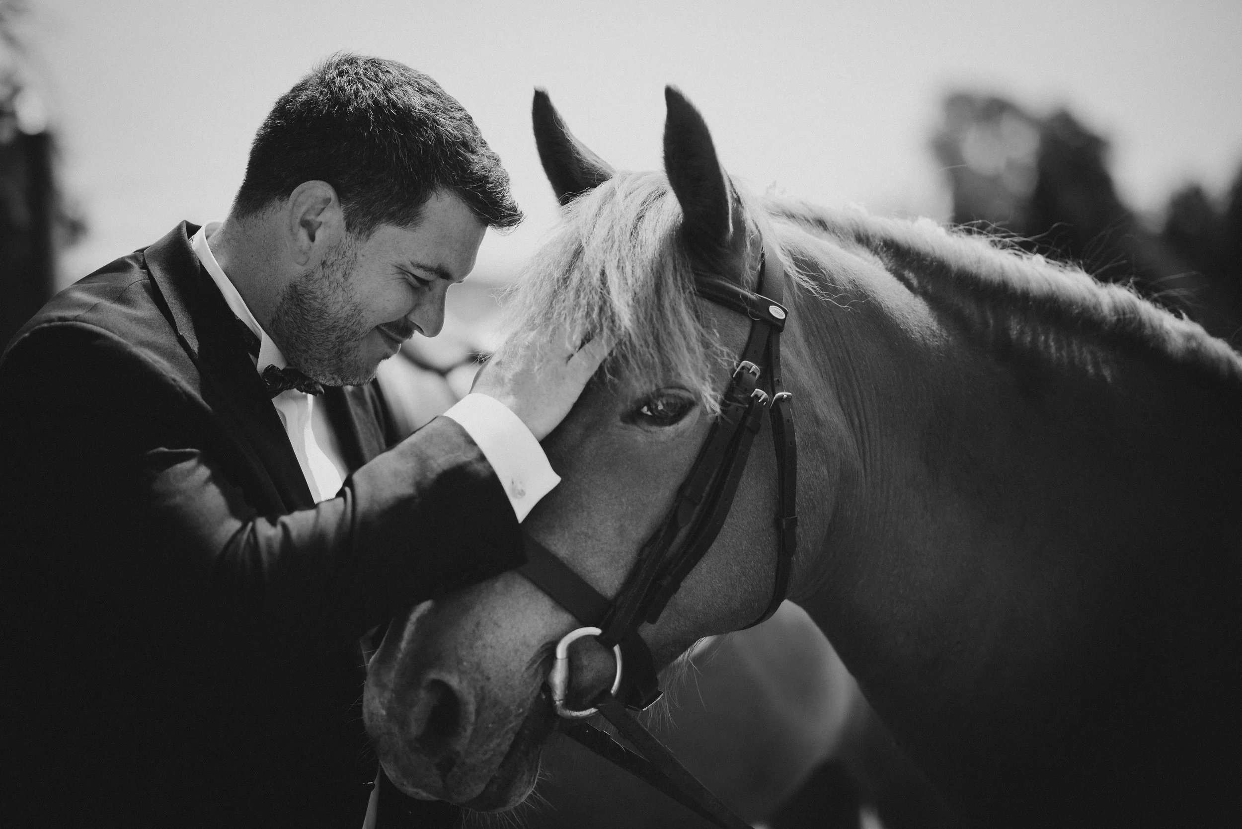 A man in a tuxedo gently touching the forehead of a horse in an outdoor setting.
