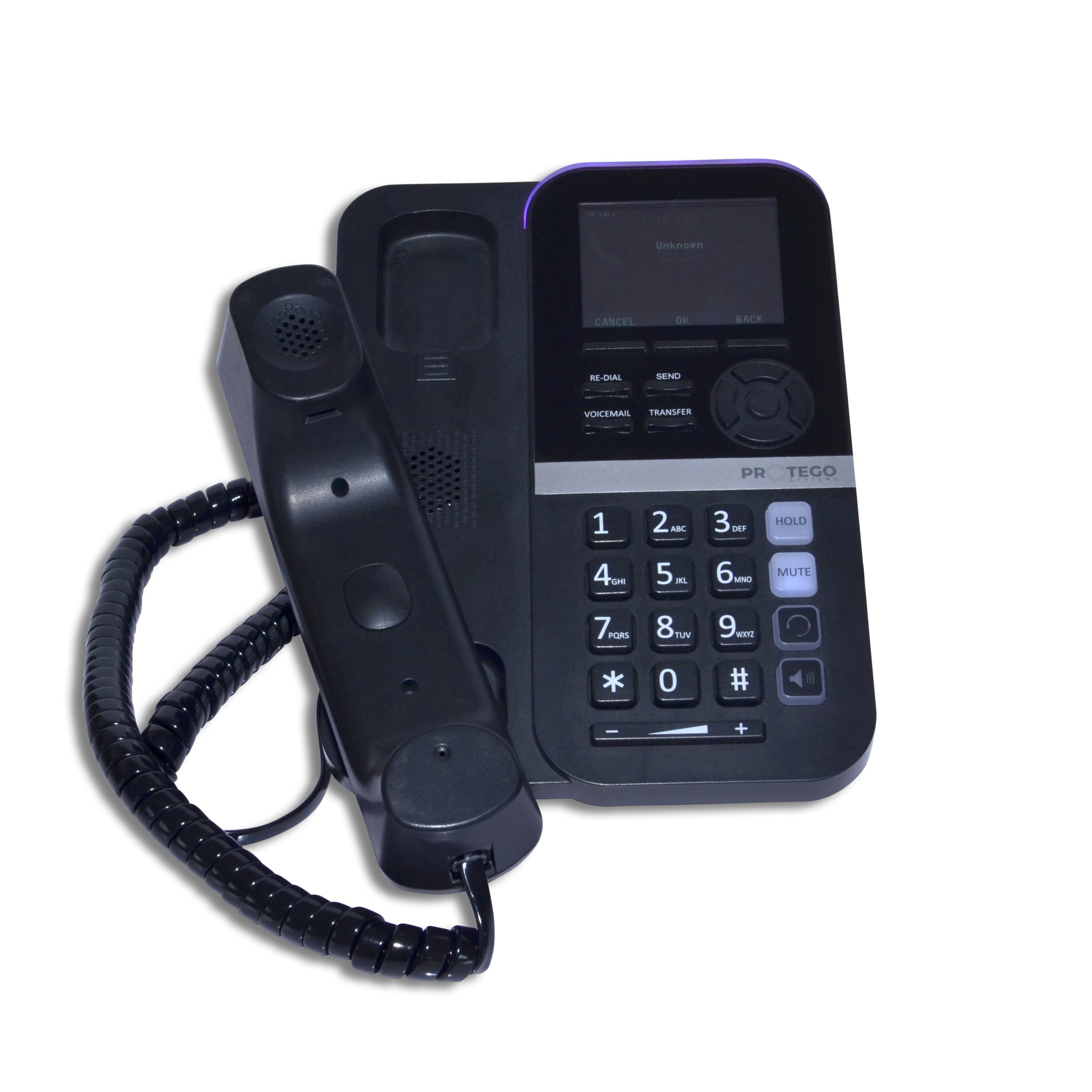 A black landline telephone with a corded handset, digital display, and various buttons against a black background.