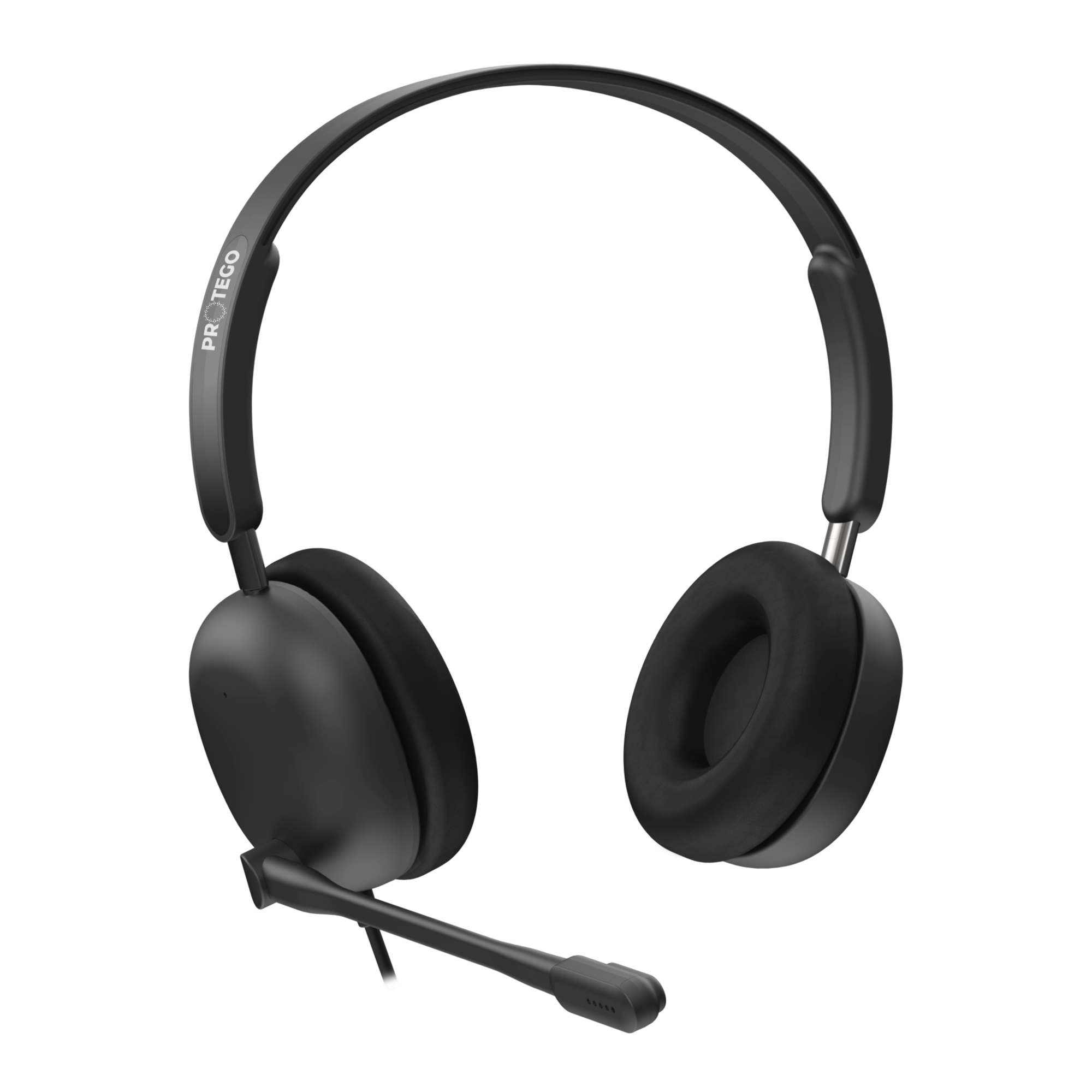 Black over-ear headphones with attached microphone, labeled PROTEGO.