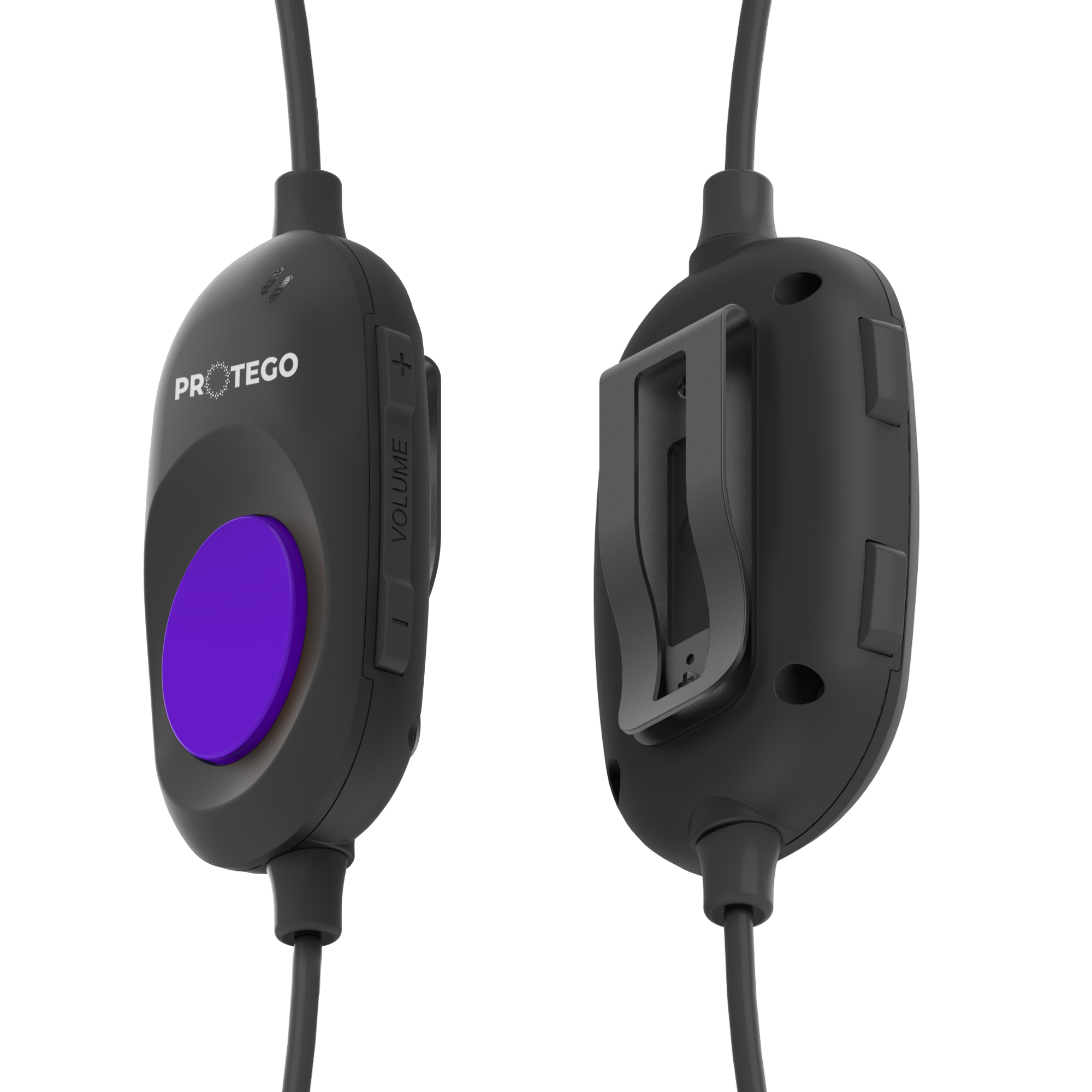 Black medical device with purple button, labeled PROTEGO, with volume and plus/minus controls, connected by a gray cable.
