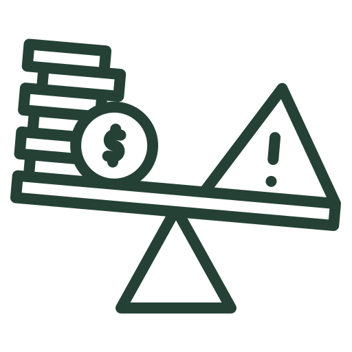 Illustration af en vægt, der balancerer en bunke penge og et advarsels-ikon for vigtigheden af balance for en kunde med forsikring.