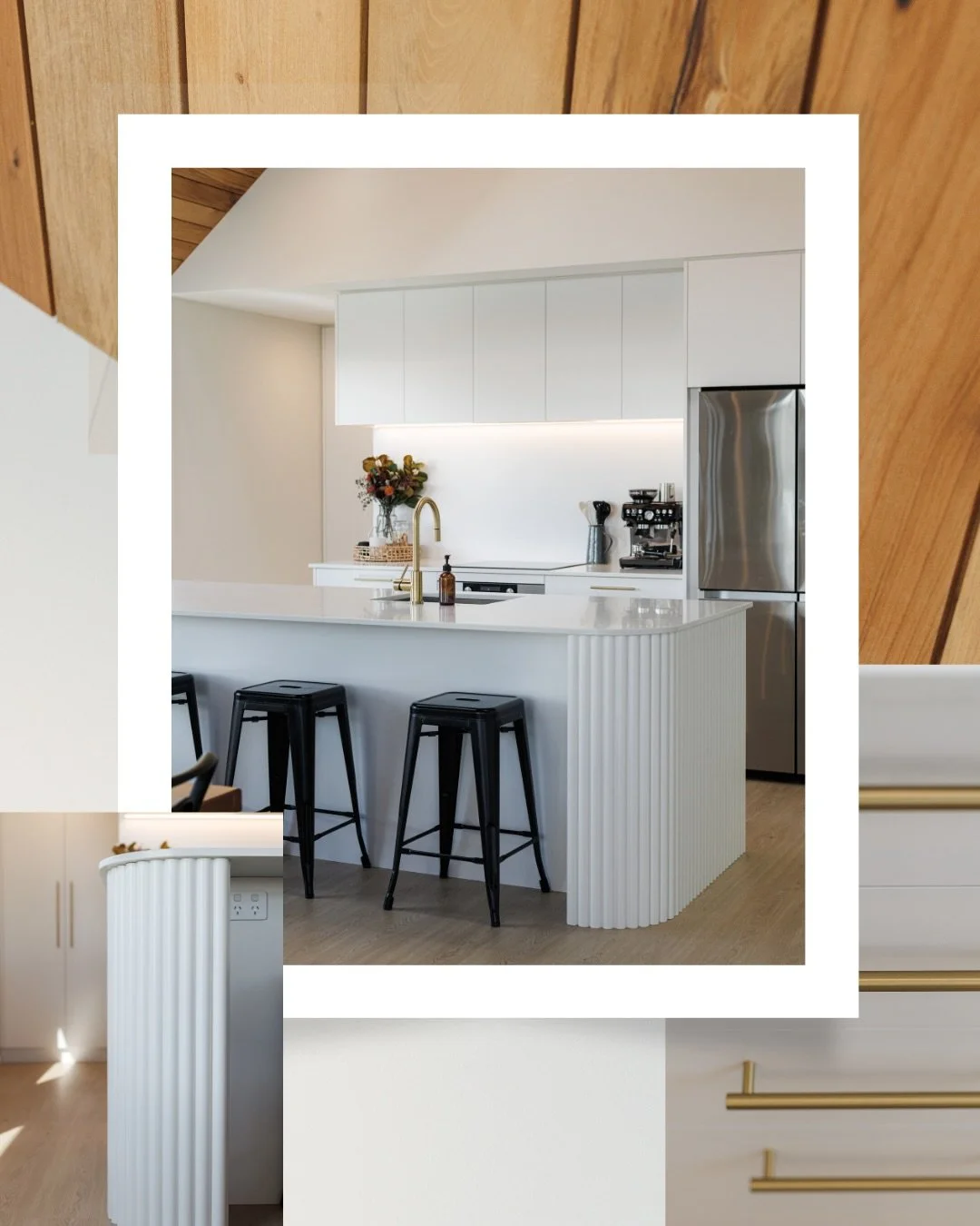 A moment for the kitchen details at Aata Lane, from brushed gold accents and clean white cabinetry to textured rib around the countertop from @wearegenia and warm rimu ceilings. A space that brings together character, softness, and modern functionali