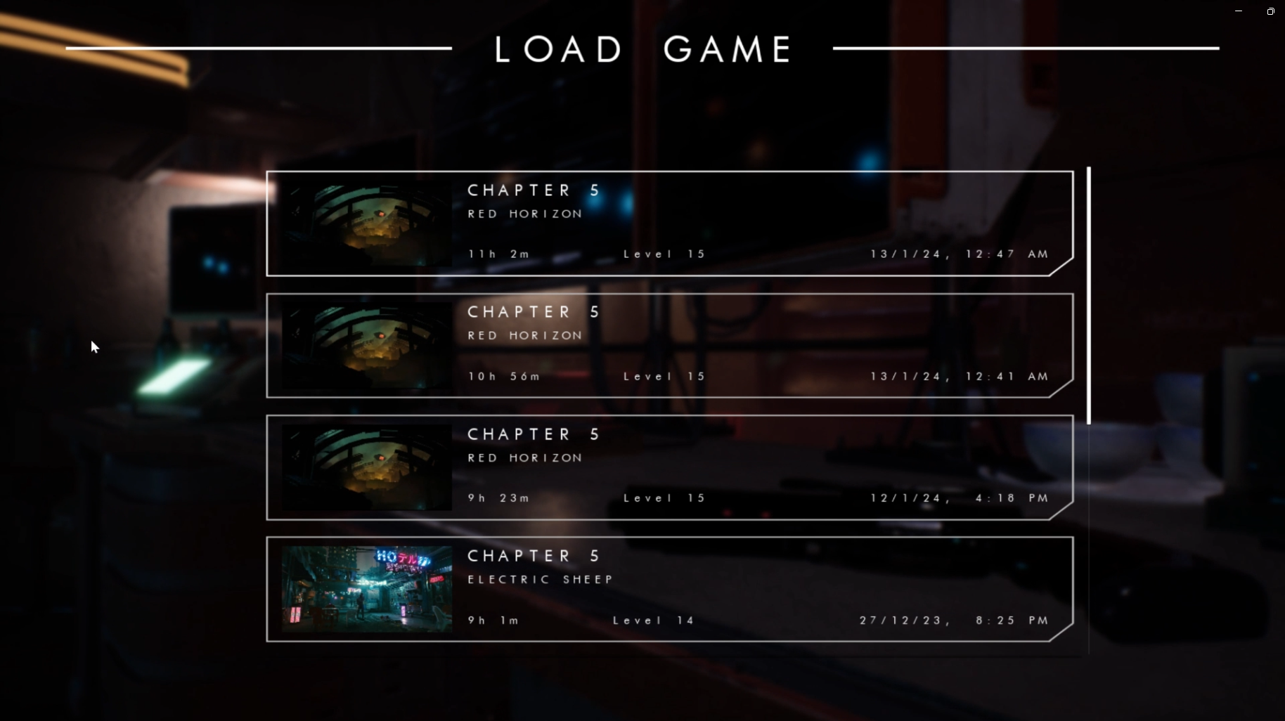 Video game load screen showing chapters, levels, playtimes, and timestamps with dark background and neon graphics.