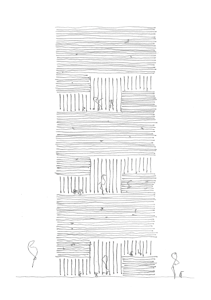 Zeichnung eines Gebäudes mit mehreren Balkonen und Fenstern, umgeben von Bäumen und einer stehenden Person.