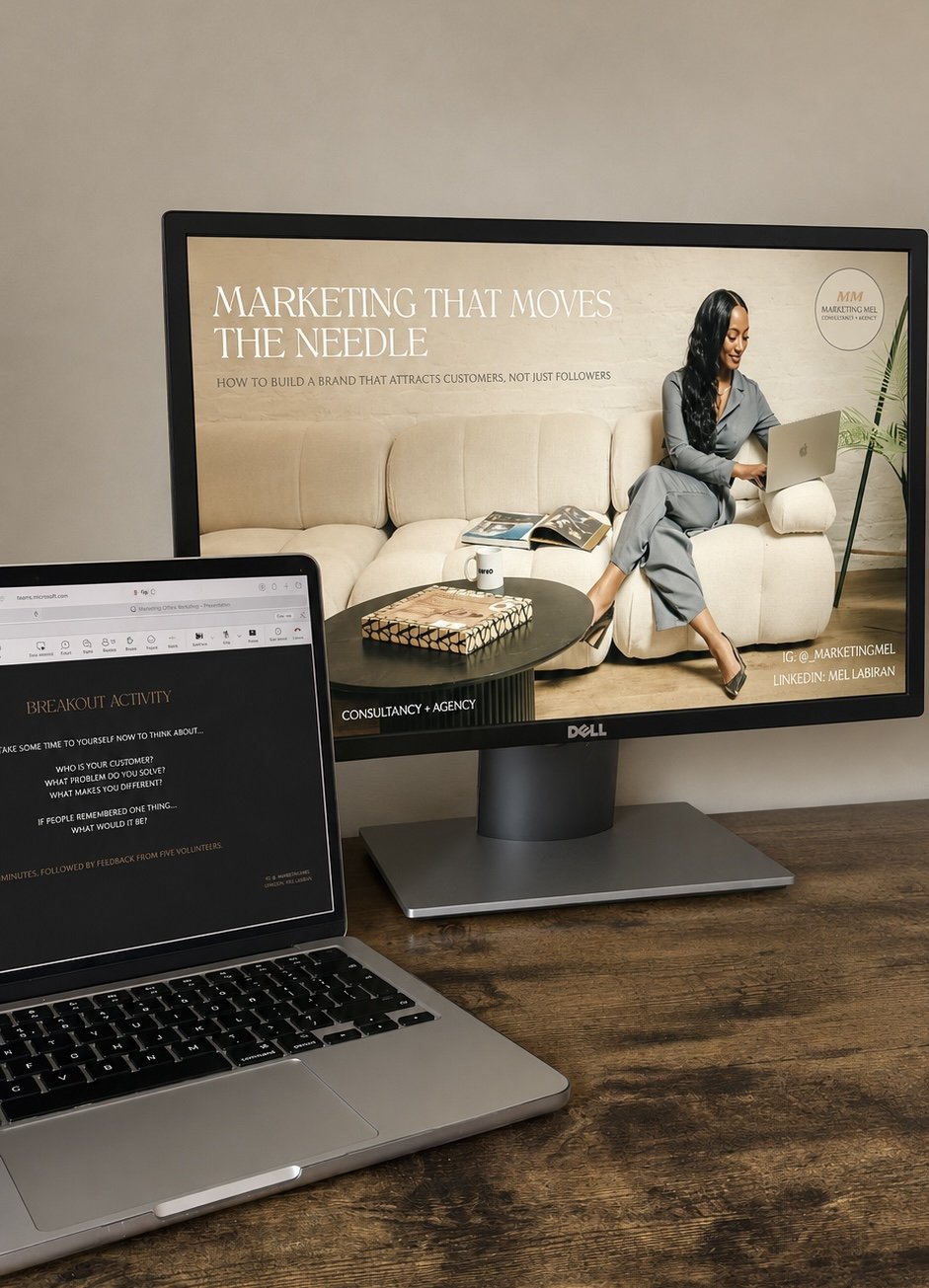 Marketing workshop presentation shown on a desktop monitor