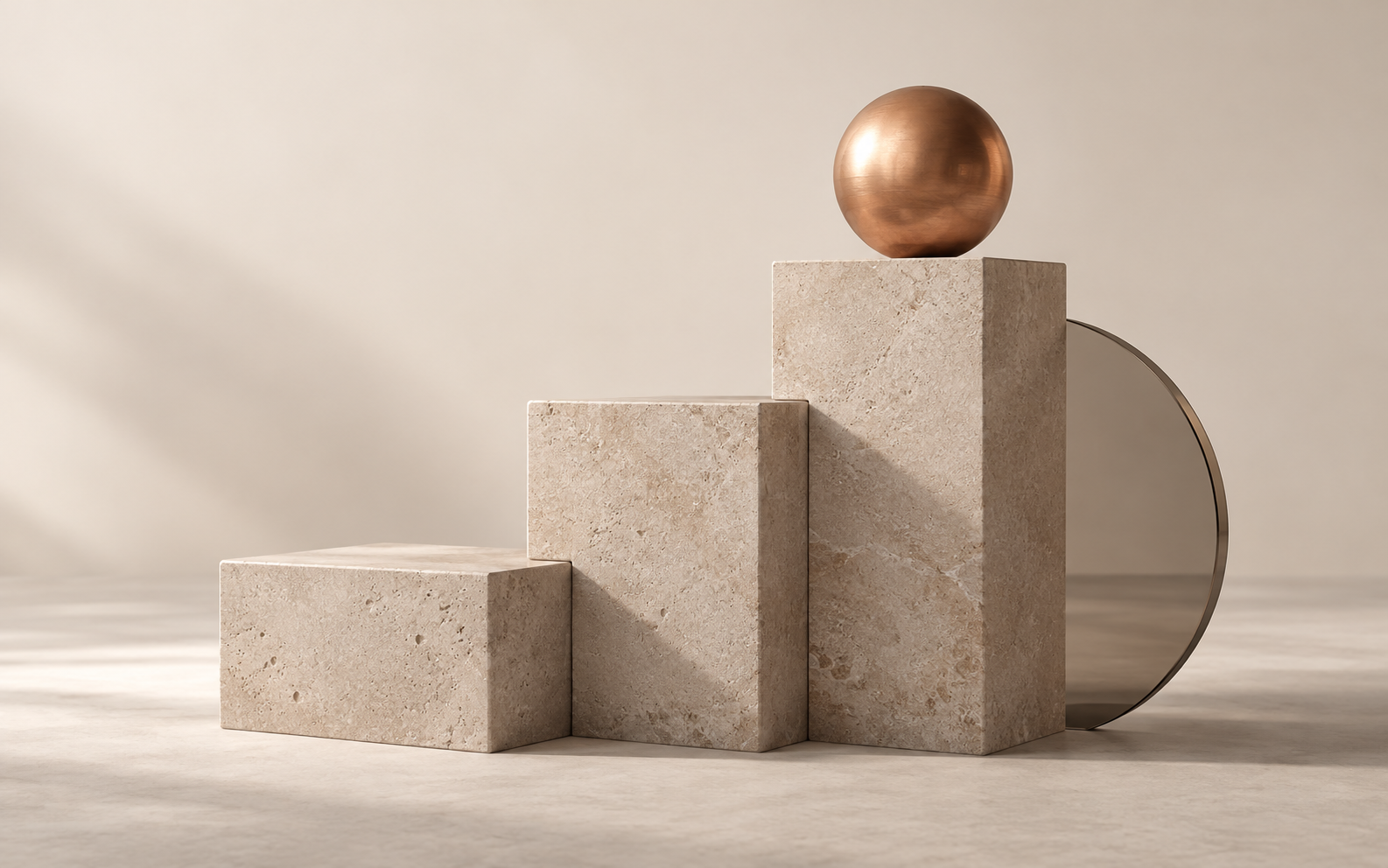 Ascending stone blocks and copper sphere, representing business foundations and growth