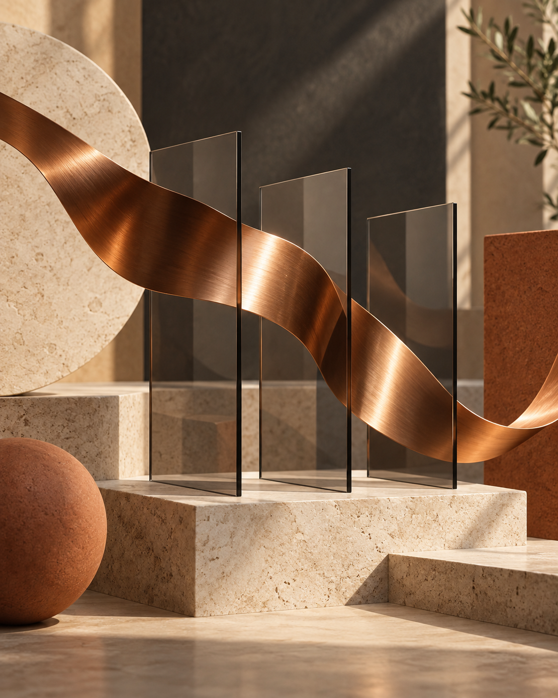 Sculptural copper ribbon passing through smoked glass and warm stone, representing clear marketing direction