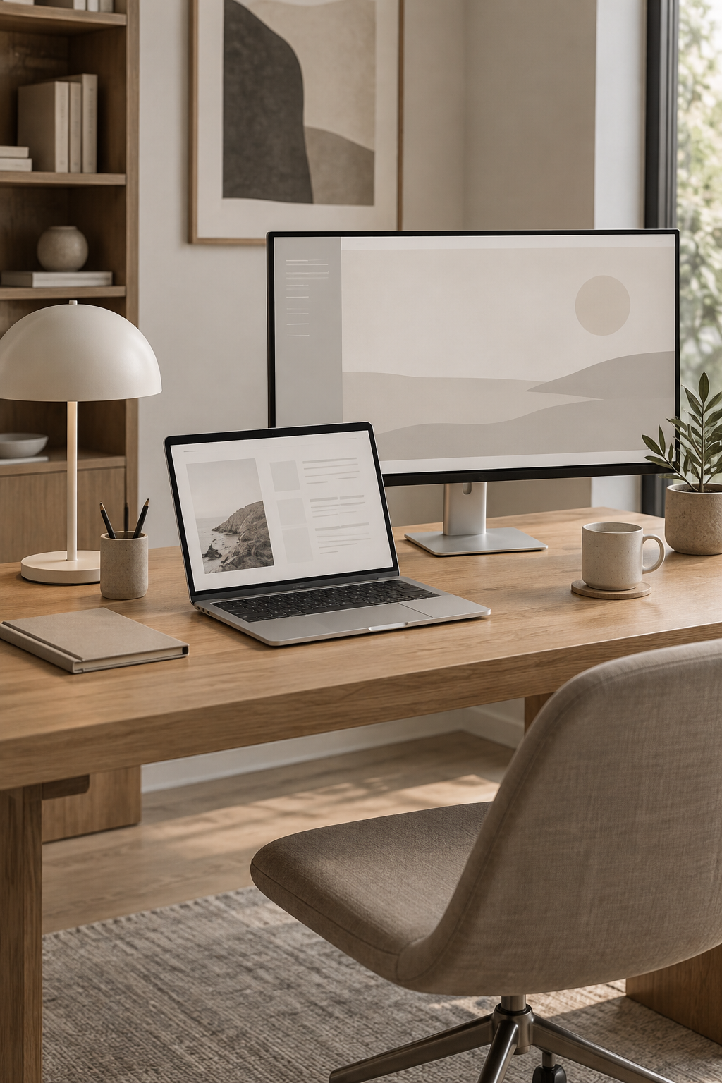 Modern neutral workspace with a laptop, monitor and warm oak desk
