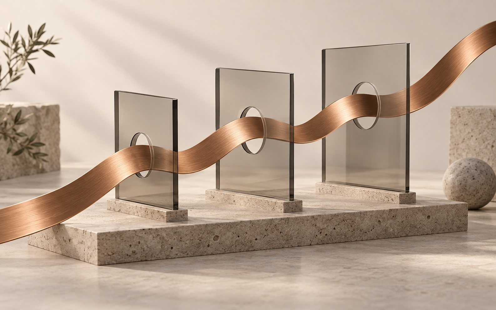 Copper ribbon flowing through glass frames, representing direction and progress for marketers