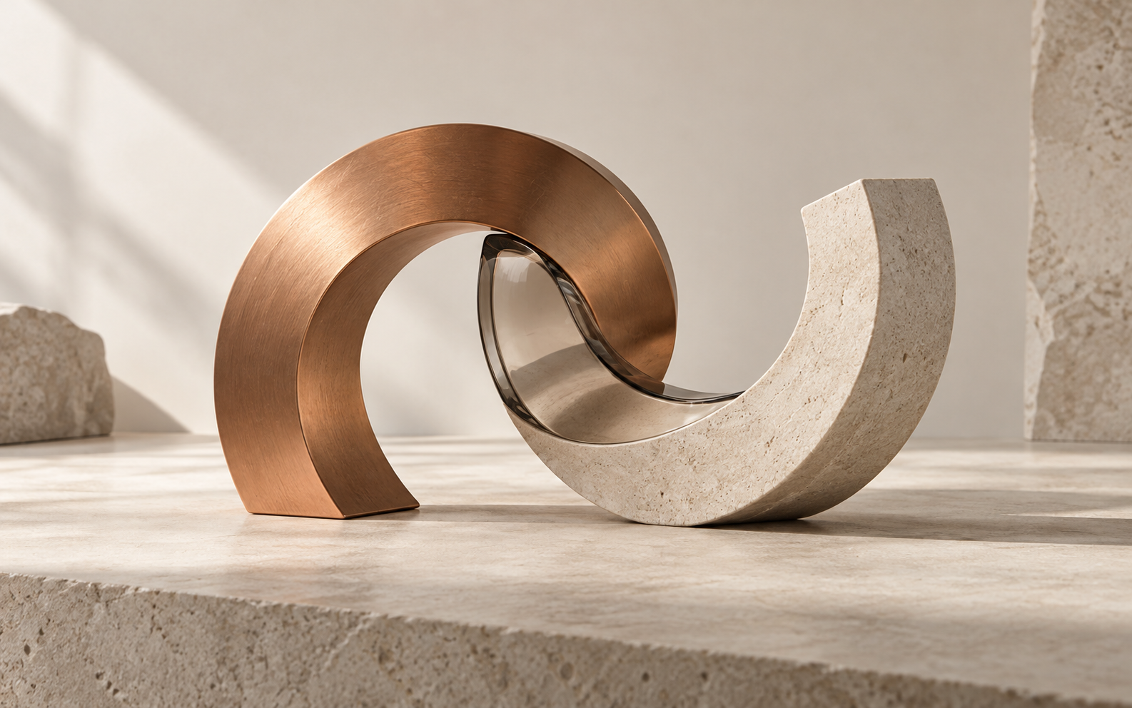 Connected copper, glass and stone arcs, representing a supportive mentoring partnership