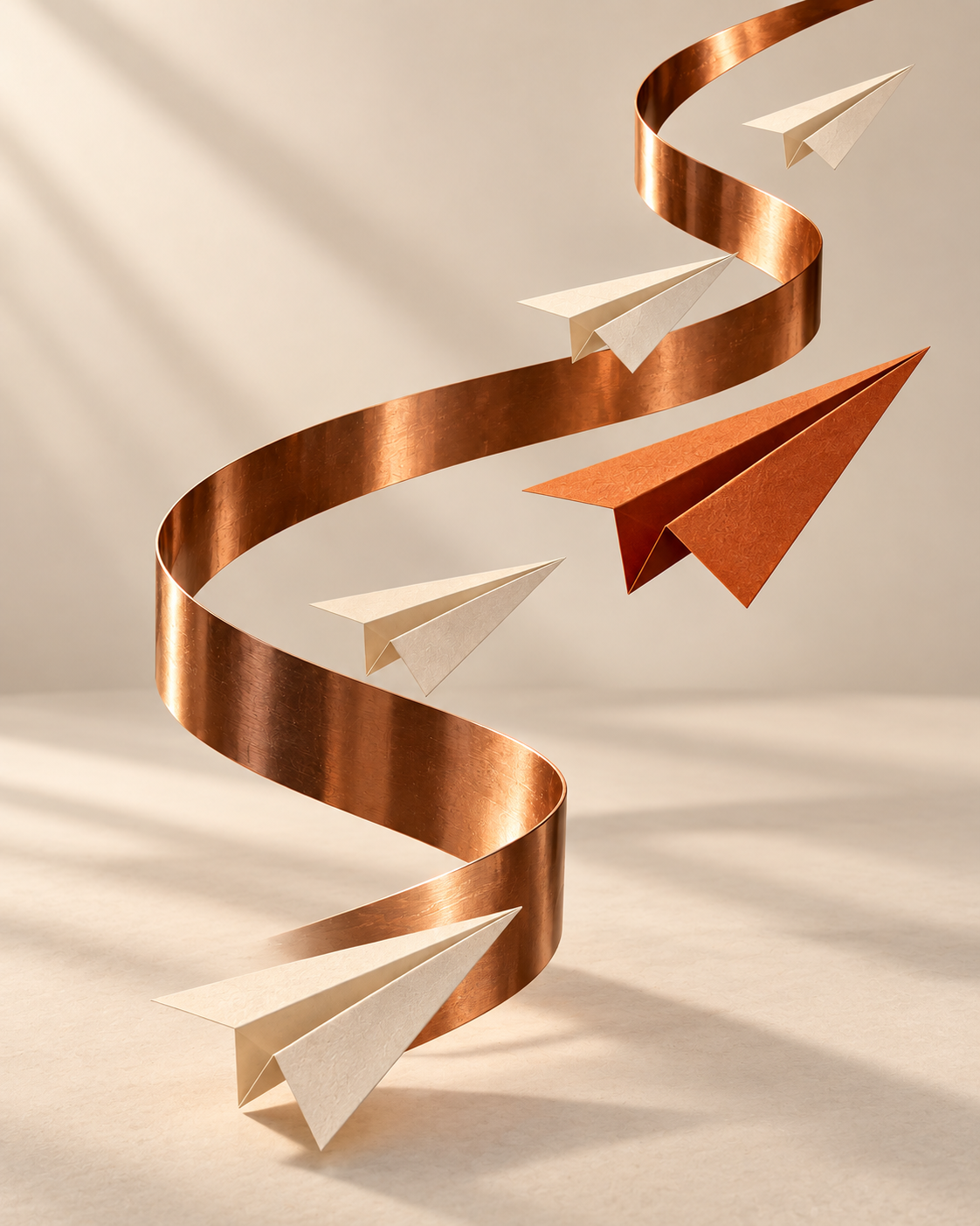 Ivory and copper paper airplanes beside a flowing copper ribbon on a plain warm neutral background