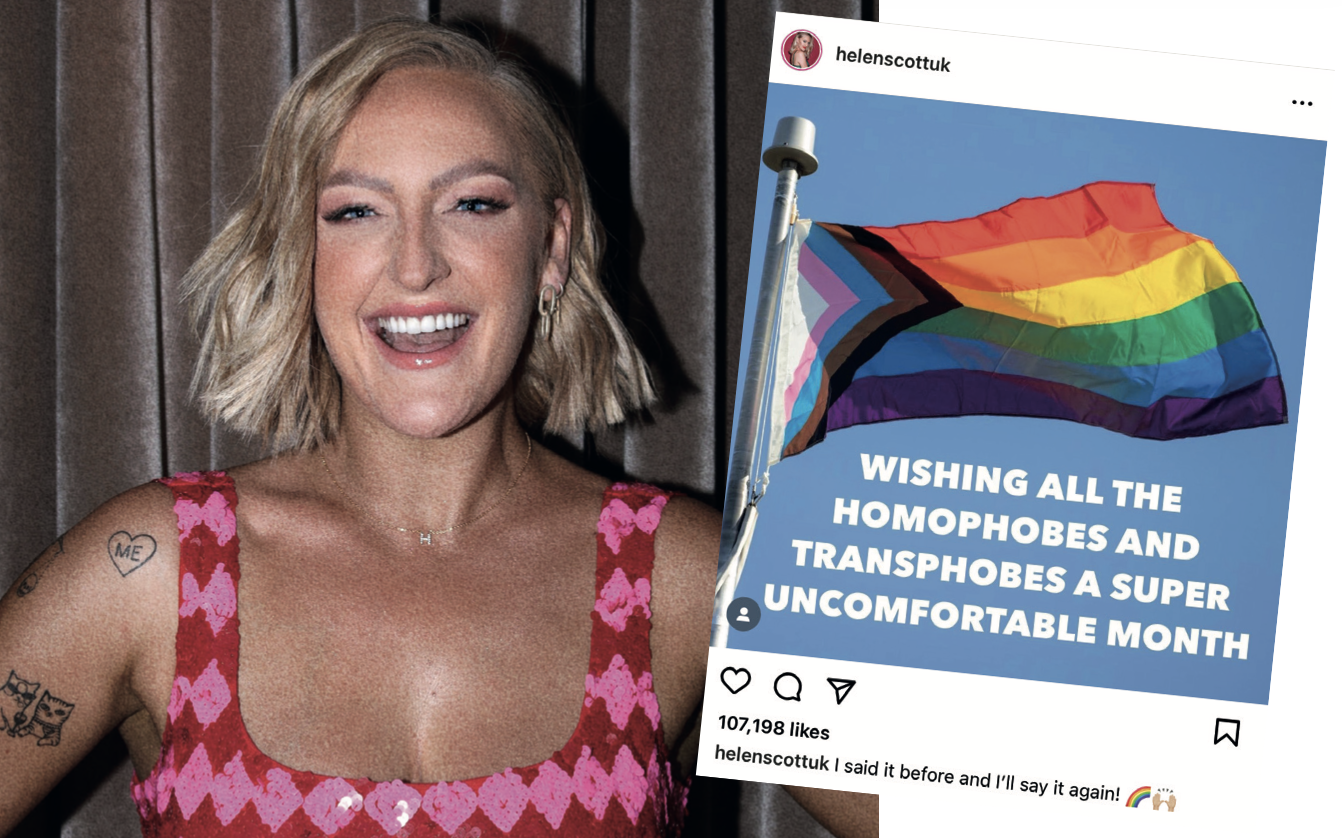 A woman with shoulder-length blonde hair smiling and wearing a pink and red heart-patterned top. She has tattoos on her arm and wears jewelry. Next to her is a Facebook or Instagram post showing a rainbow pride flag on a pole, with a message wishing all the homophobes and transphobes a super uncomfortable month.