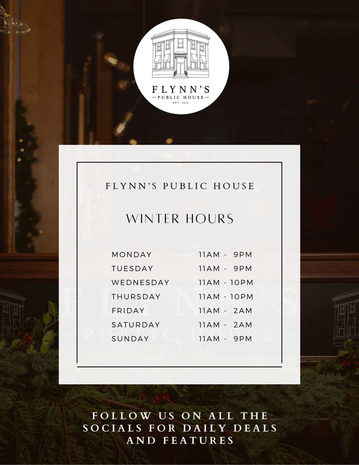 ❄️ Winter Hours Are Here at Flynn&rsquo;s Public House! ❄️

Warm up with us all season long &mdash; whether it&rsquo;s a cozy lunch, an after-work pint, or a late-night bite with friends.

🕒 New Winter Hours:
Monday&ndash;Tuesday: 11am&ndash;9pm
Wed