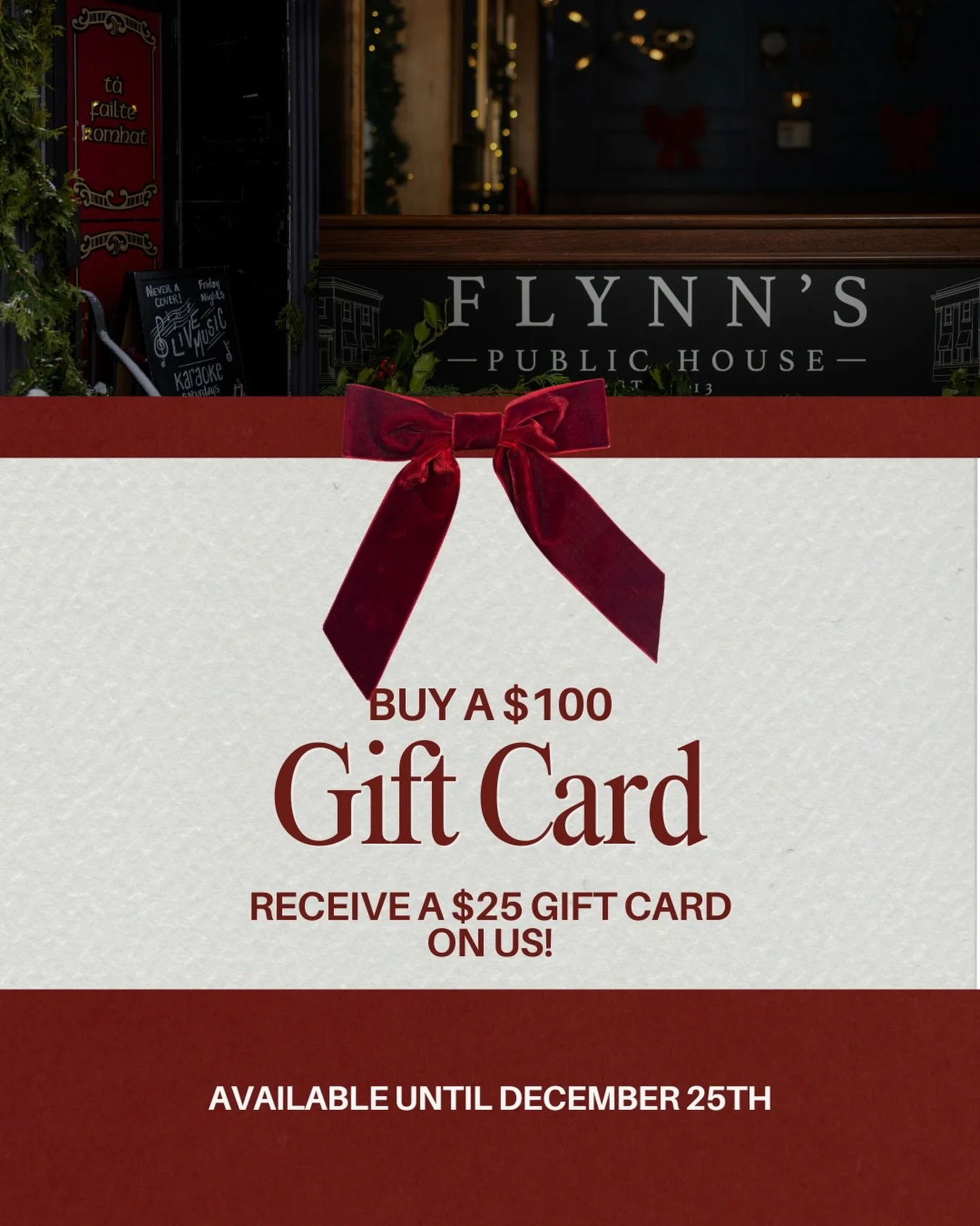 🎁 Give the Gift of Flynn&rsquo;s This Holiday Season! 🎁

A Flynn&rsquo;s Gift Card always fits &mdash; perfect for friends, family, neighbours, teachers, and anyone who loves great food, great pints, and great vibes. 🍻✨

🎉 Holiday Promo:
Buy a $1