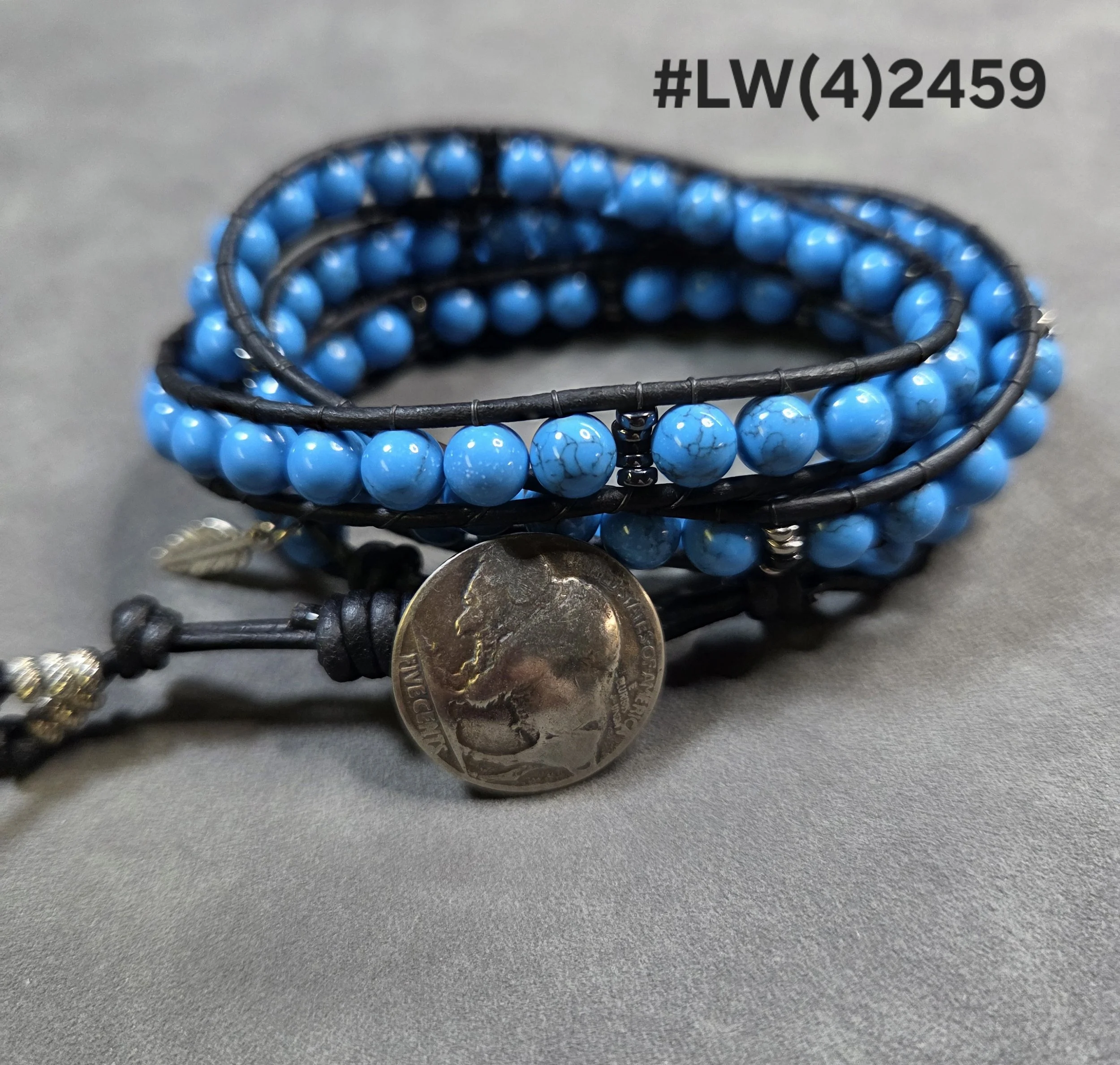 Leather and Bead Quadruple Wrap Bracelet - Imitation Turquoise