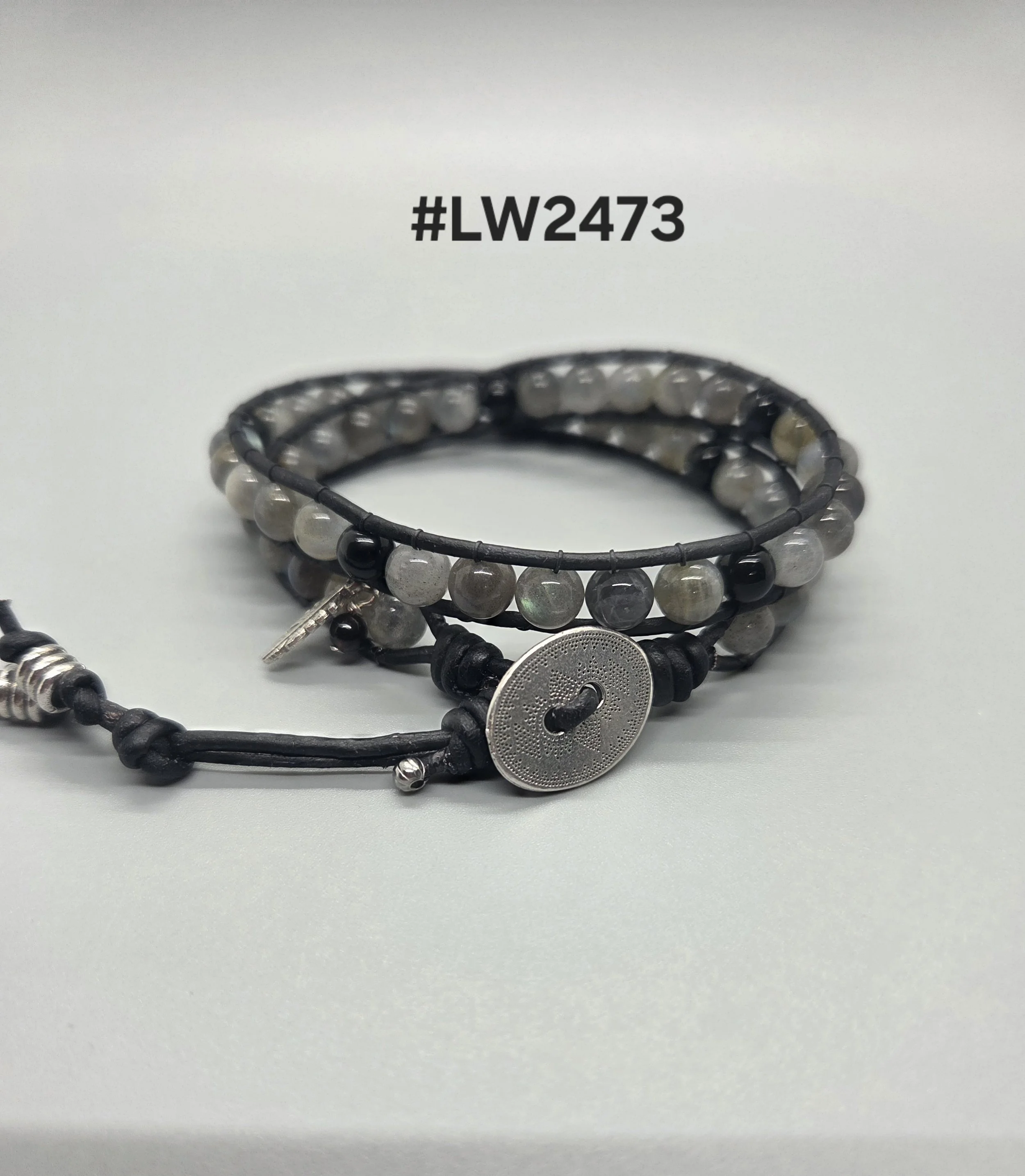 Leather and Bead Double Wrap Bracelet - Labradorite and Black Agate