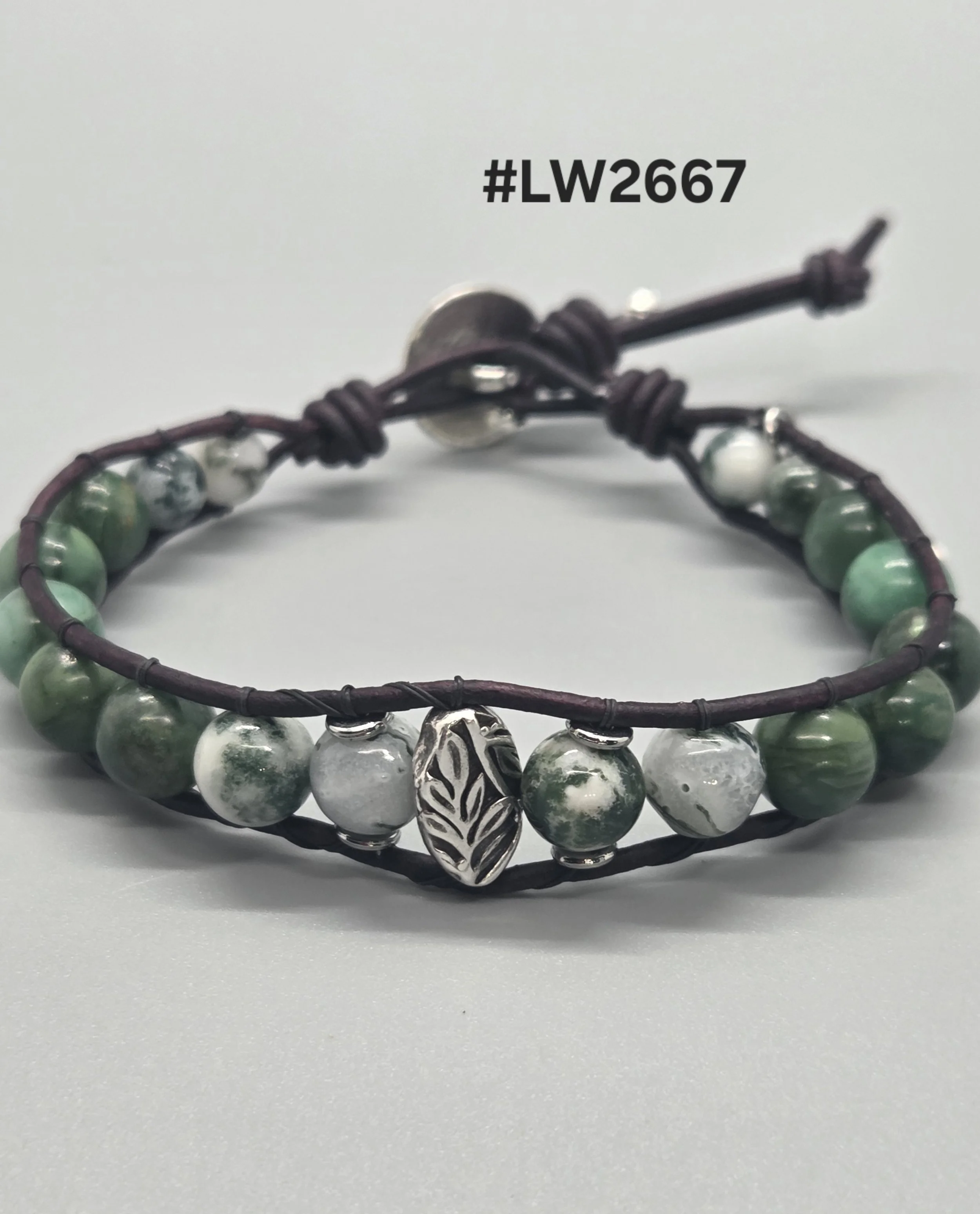 Leather and Bead Bracelet - Tree Agate and African Aventurine