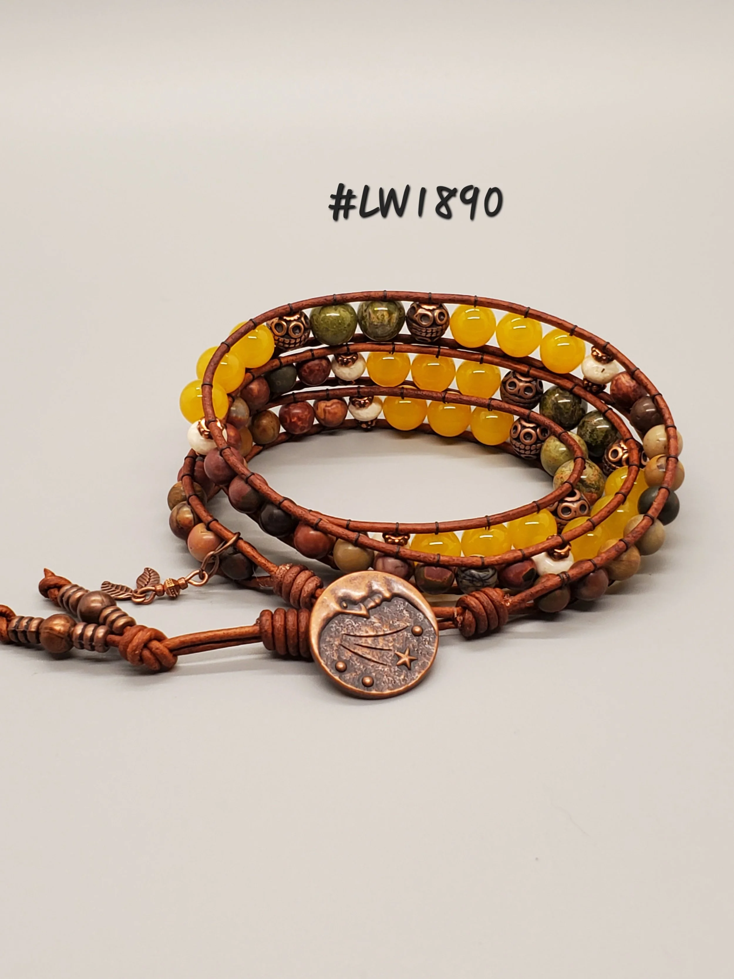 Leather and Bead Triple Wrap Bracelet - Red Creek Jasper, Yellow Agate, Unakite, Riverstone