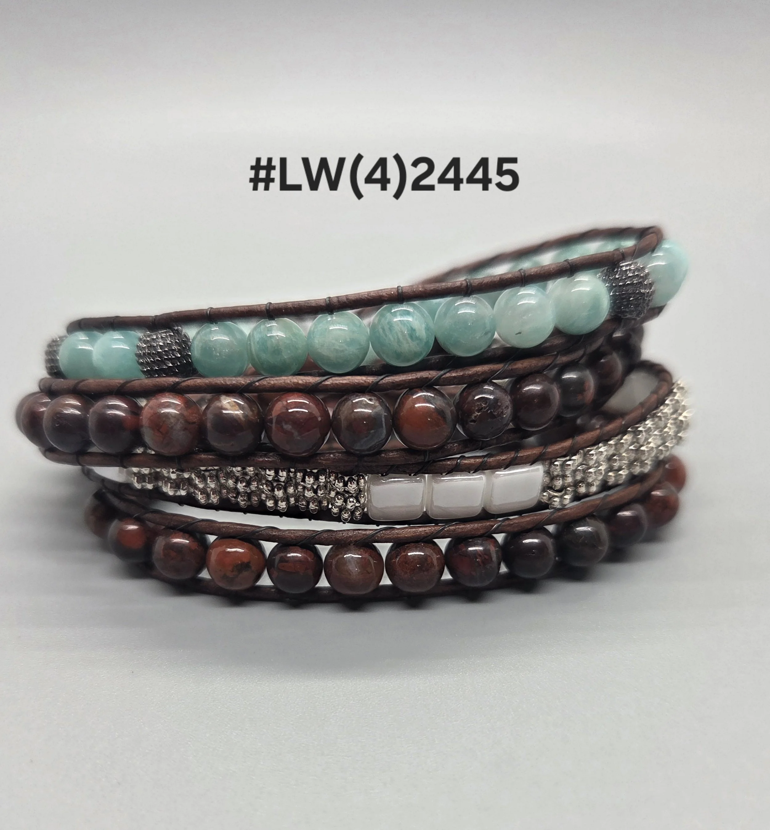 Leather and Bead Quadruple Wrap Bracelet - Red Rainbow Jasper and African Amazonite