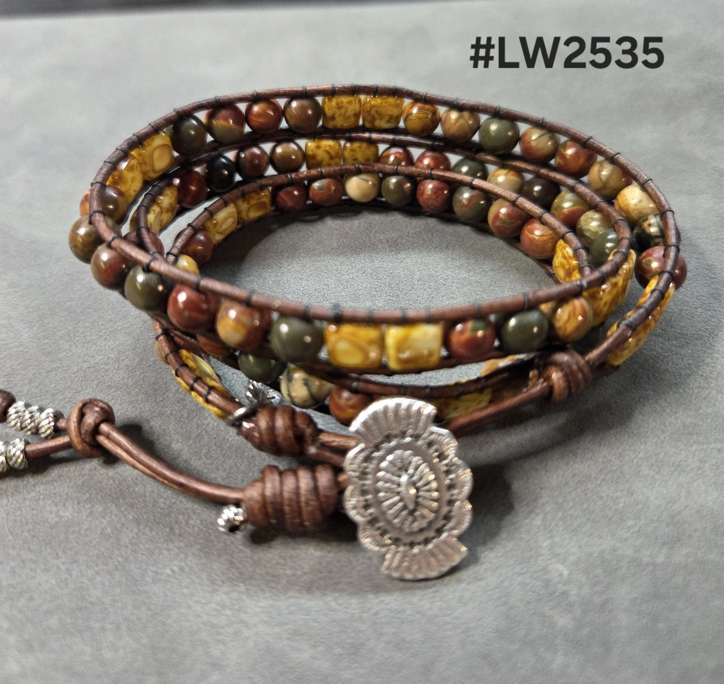 Leather and Bead Triple Wrap Bracelet -Red Agate, African Turquoise, Brecciated Jasper, Picasso Jasper, Red Creek Jasper, and Picture Jasper