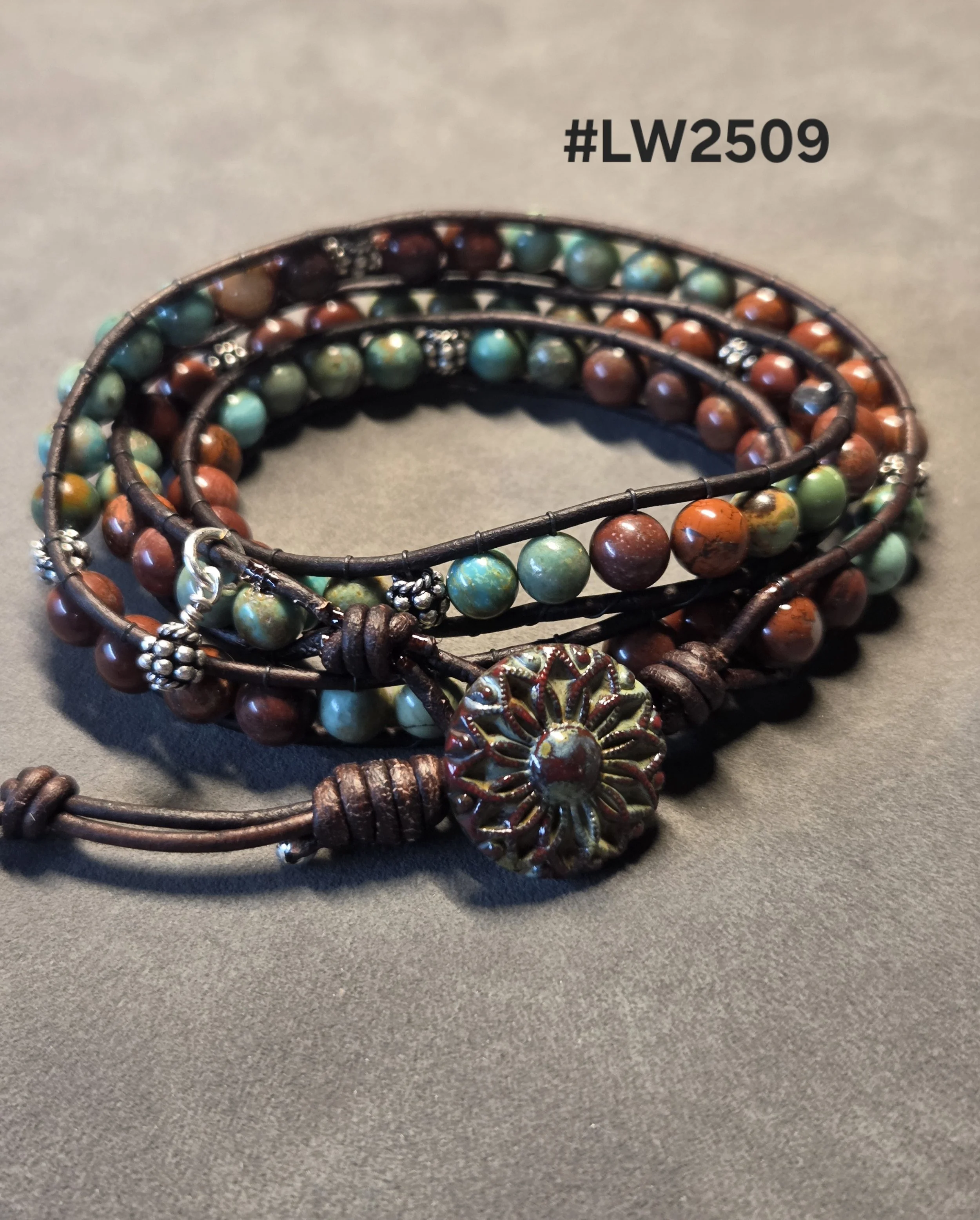 Leather and Bead Triple WrapBracelet - Turquoise, Red Rainbow Jasper and Sterling Silver Beads