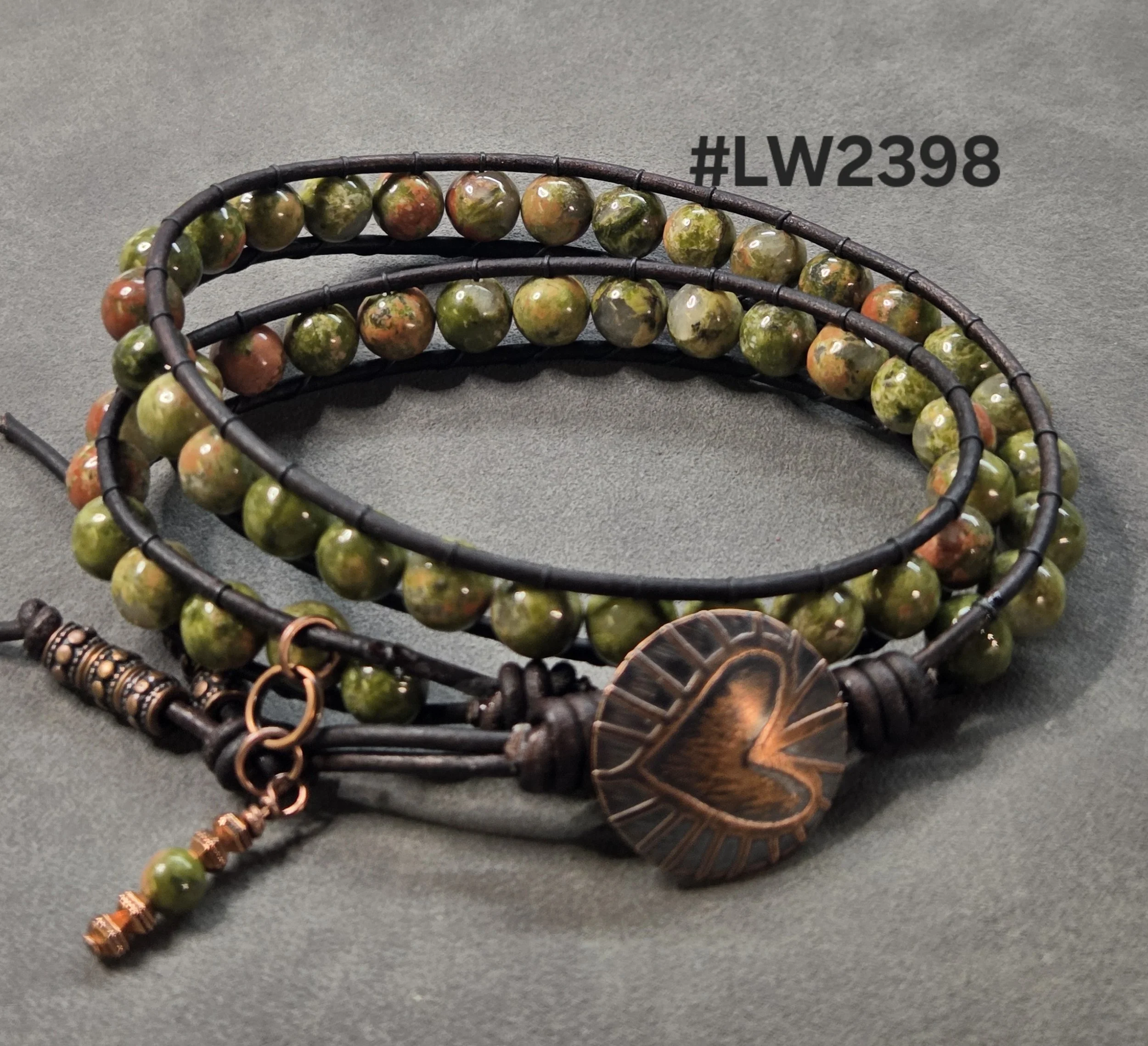 Leather and Bead Double Wrap Bracelet - Unakite