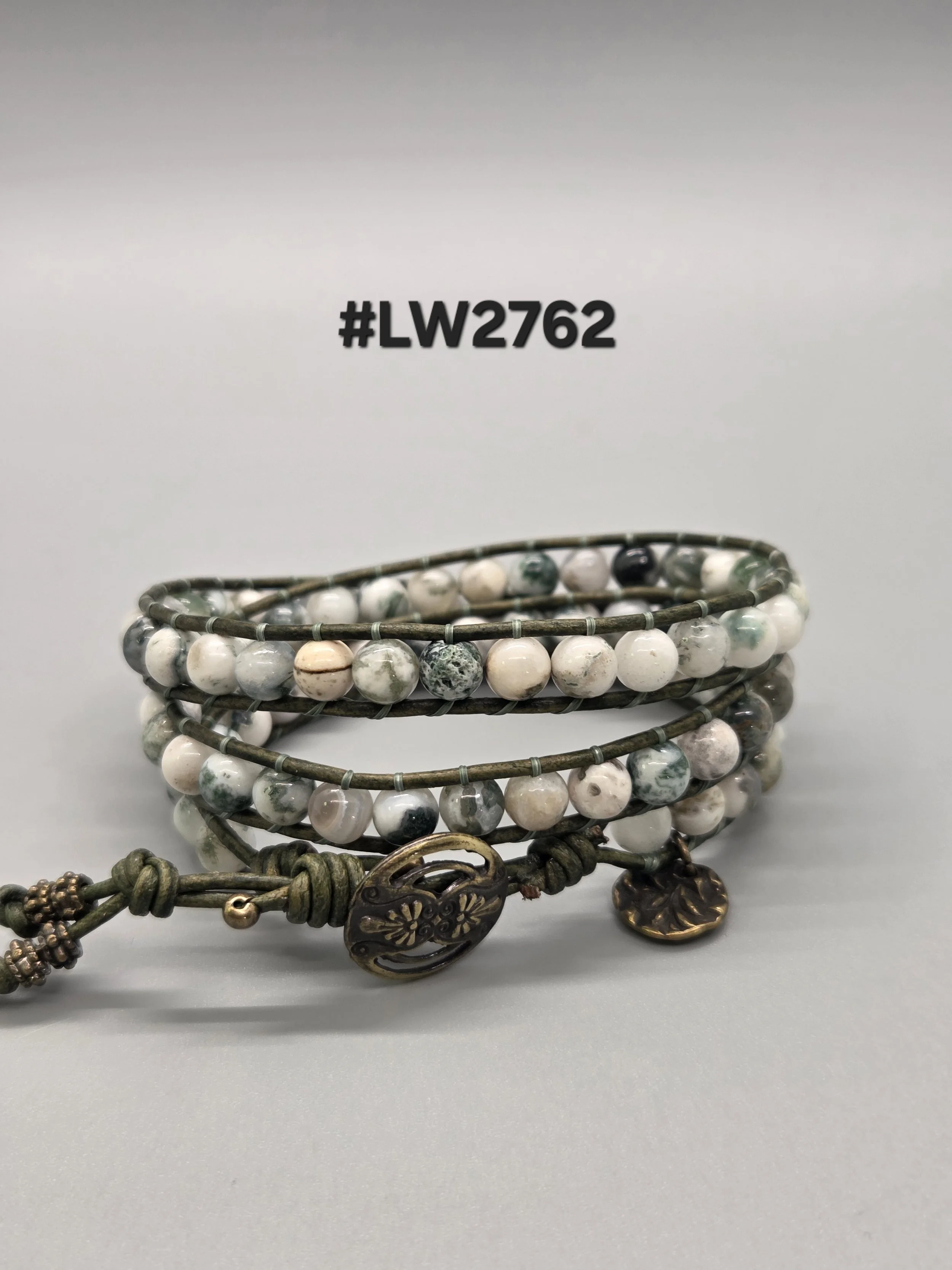 Leather and Bead Triple Wrap Bracelet - Tree Agate Gemstone Beads