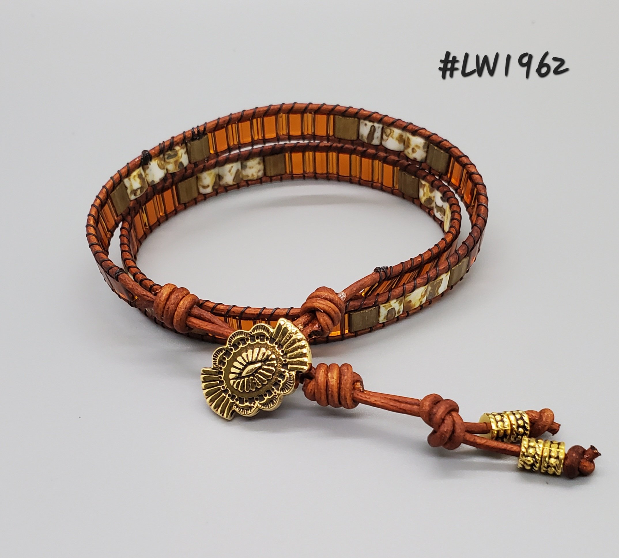 Leather and Bead Double Wrap Bracelet - Glass Tila Beads