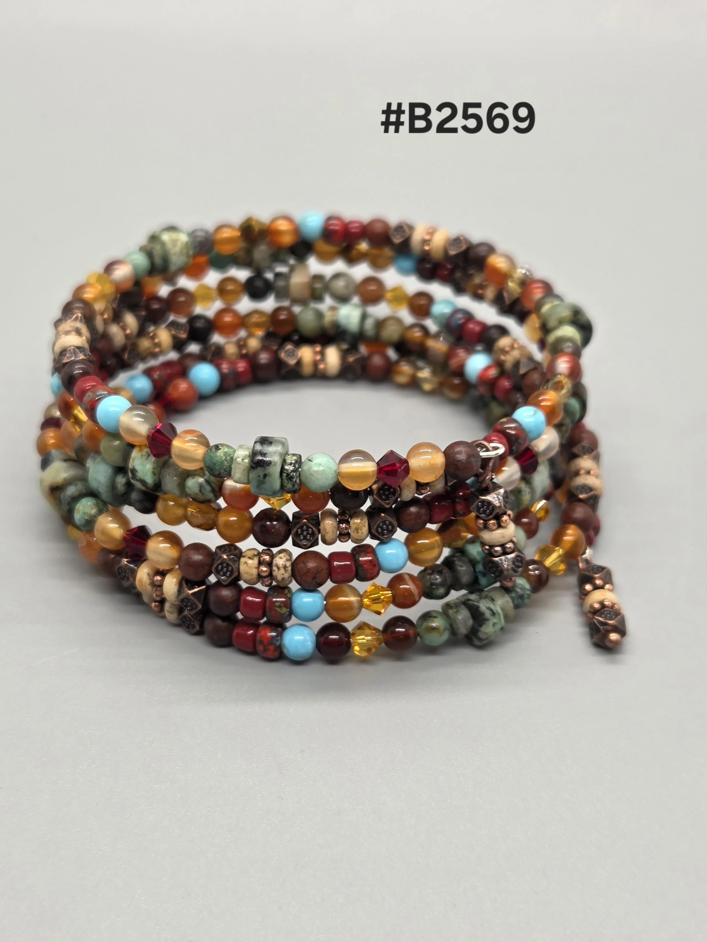 Memory Wire Bracelet - Magnesite, African Turquoise Jasper, Red Picture Jasper and Red Agate