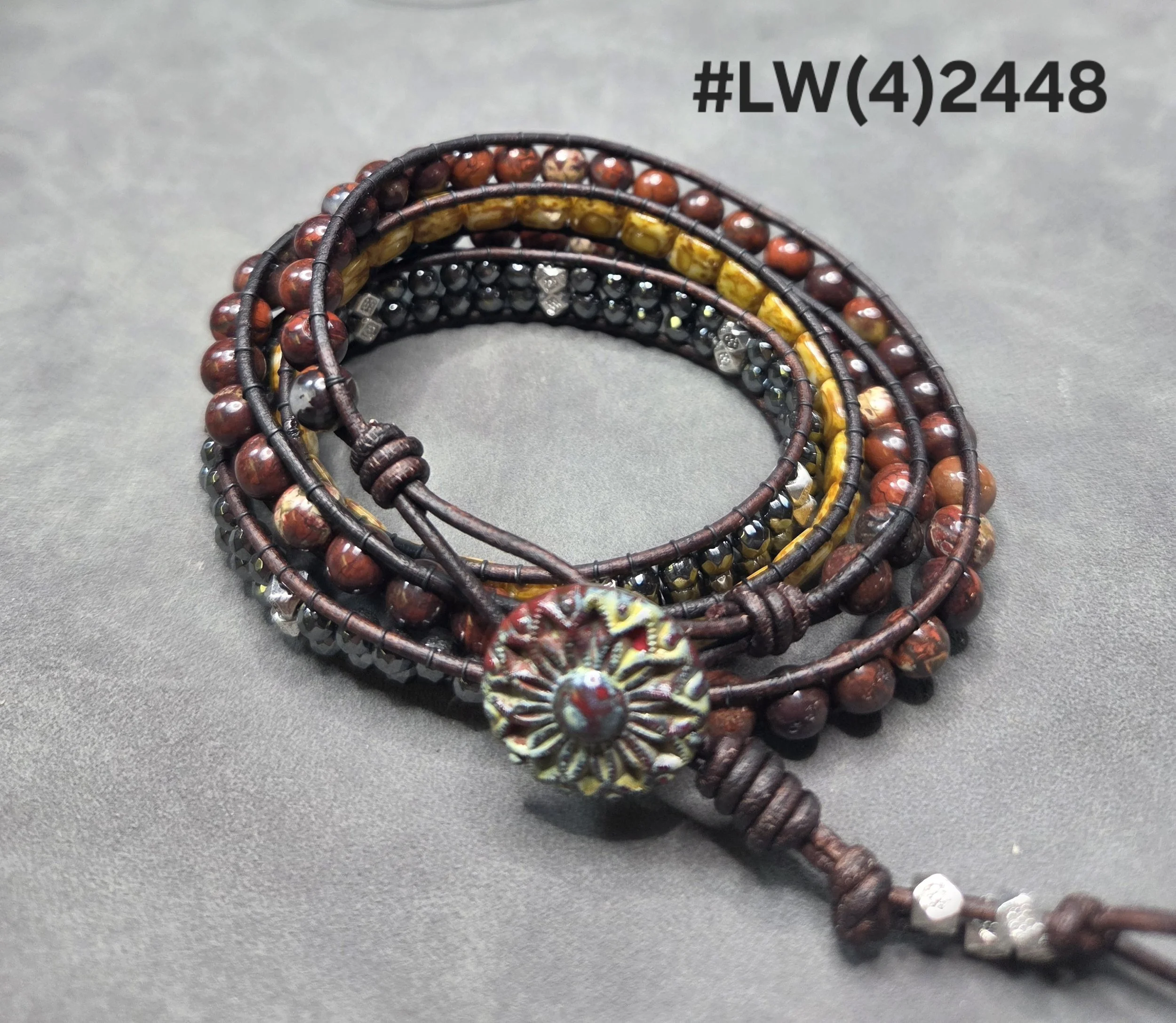 Leather and Bead Quadruple Wrap Bracelet -Red Rainbow Jasper