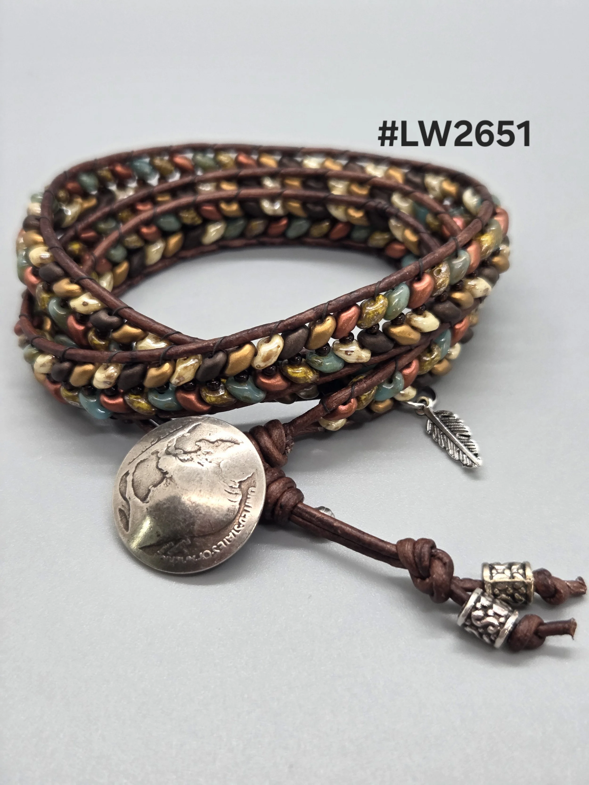 Leather and Bead Triple Wrap Bracelet - Glass Beads