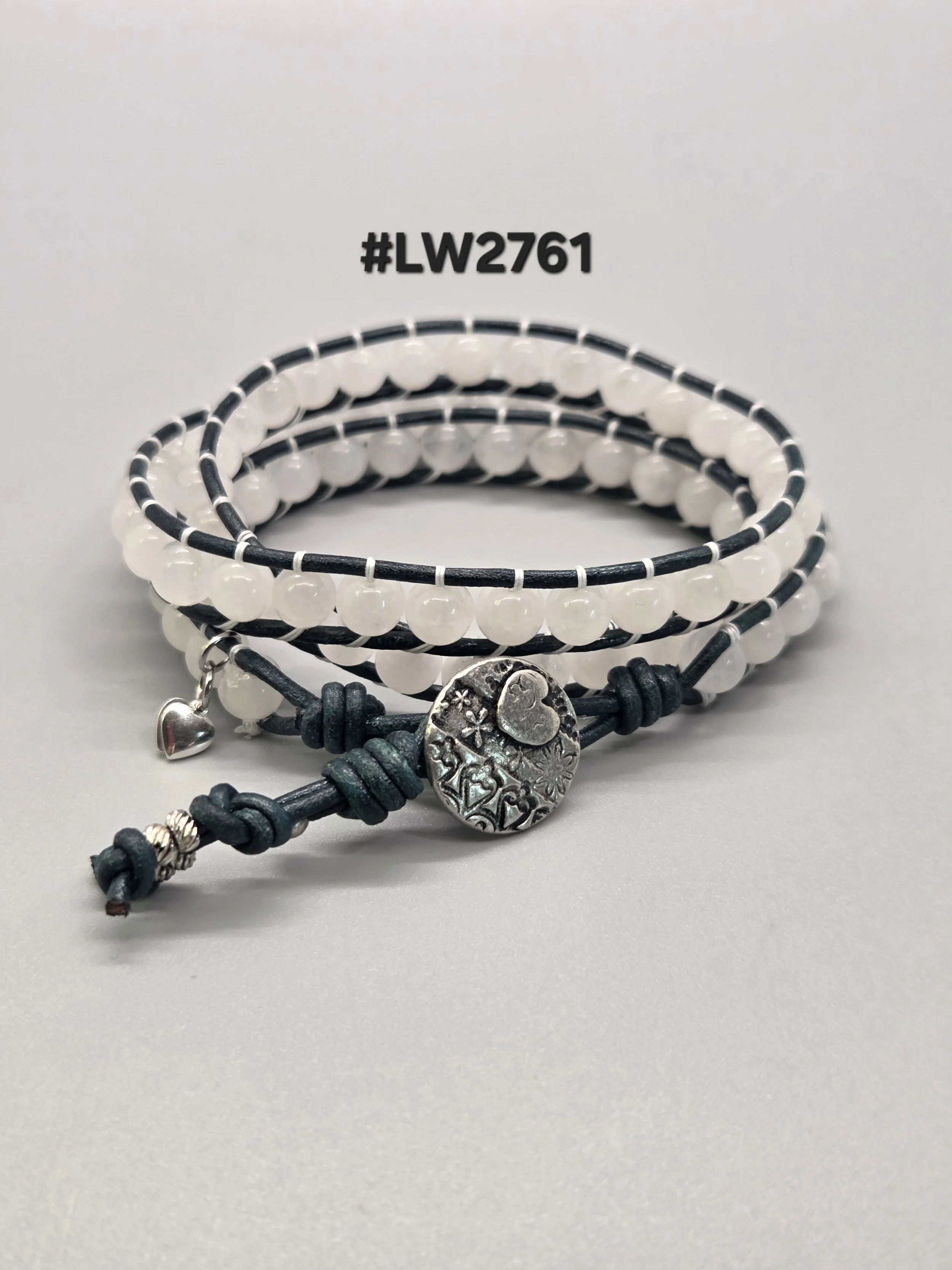 Leather and Bead Triple Wrap Bracelet - Snow Quartz