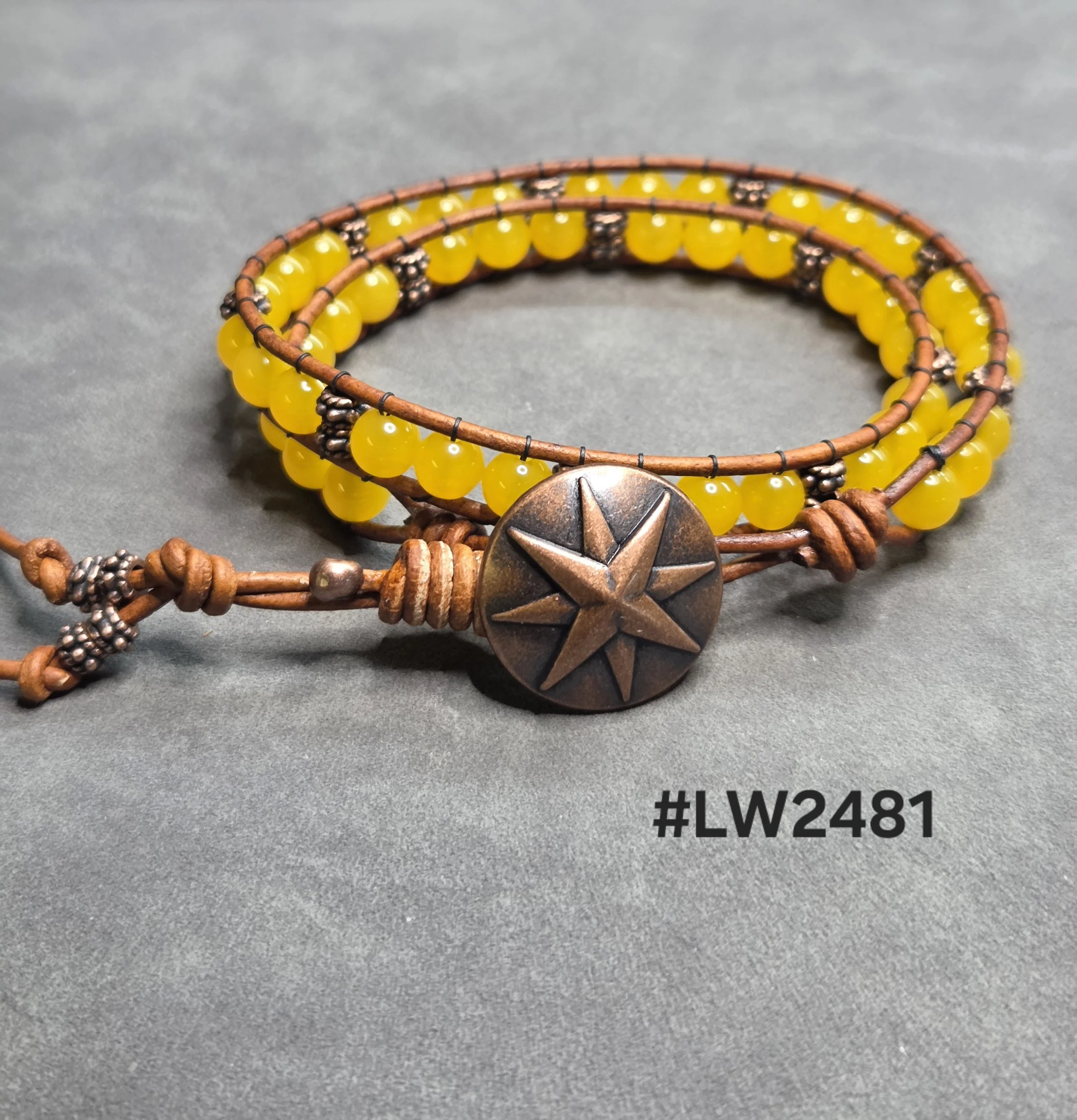 Leather and Bead Double Wrap Bracelet - Yellow Agate