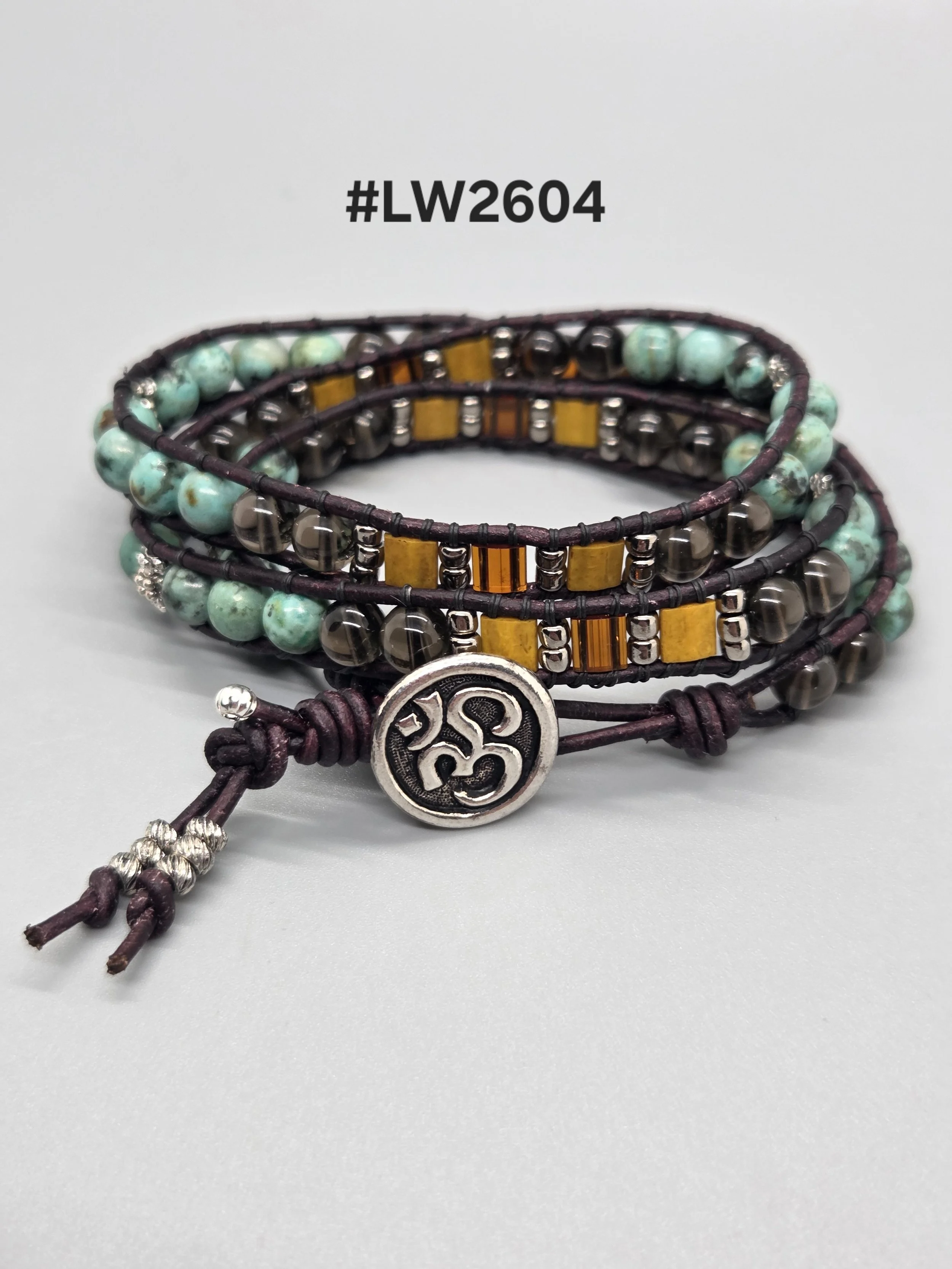 Leather and Bead Triple Wrap Bracelet - African Turquoise Jasper and Smoky Quartz