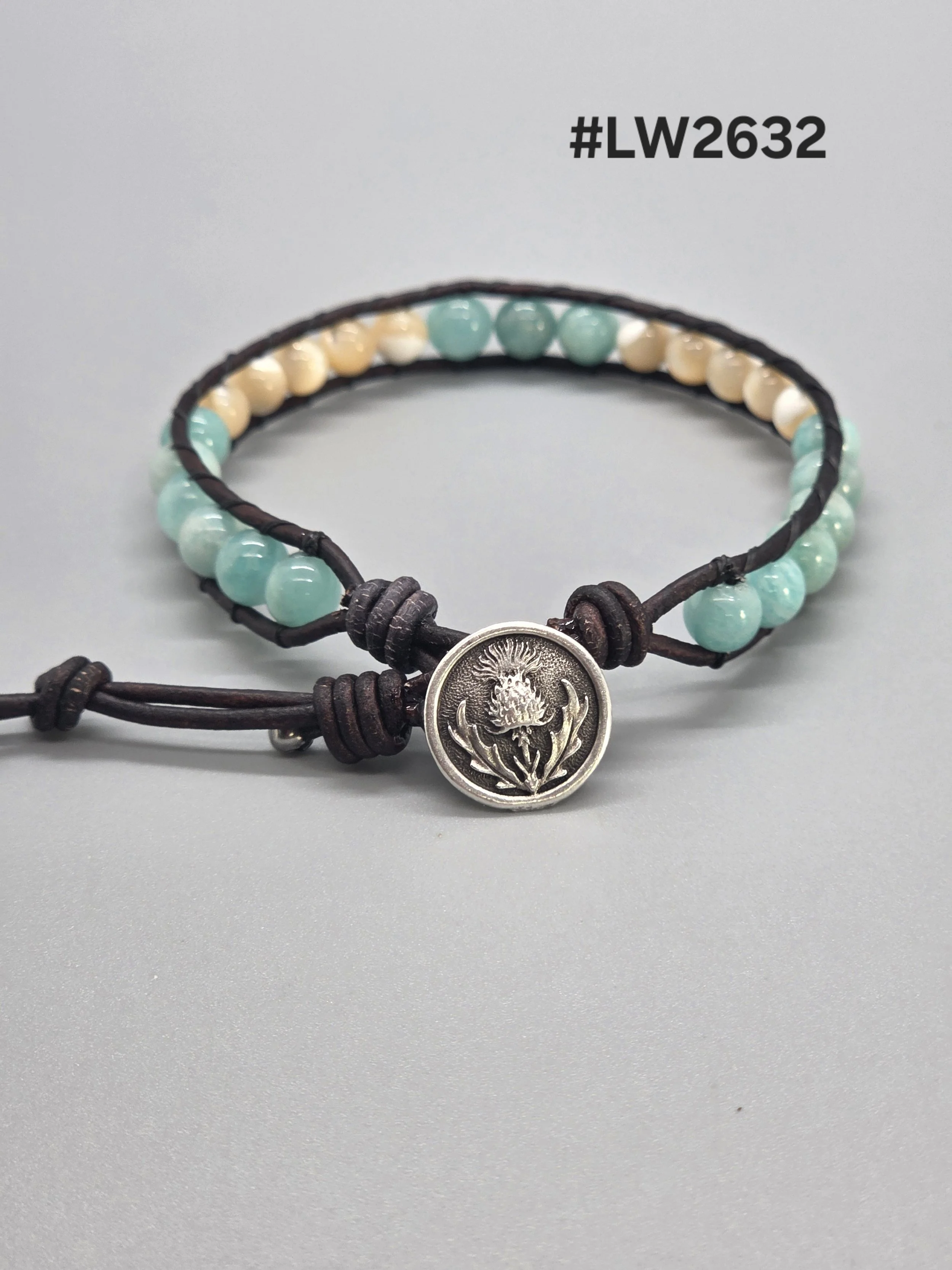 Leather and Bead Bracelet - African Amazonite and Natural Mother of Pearl