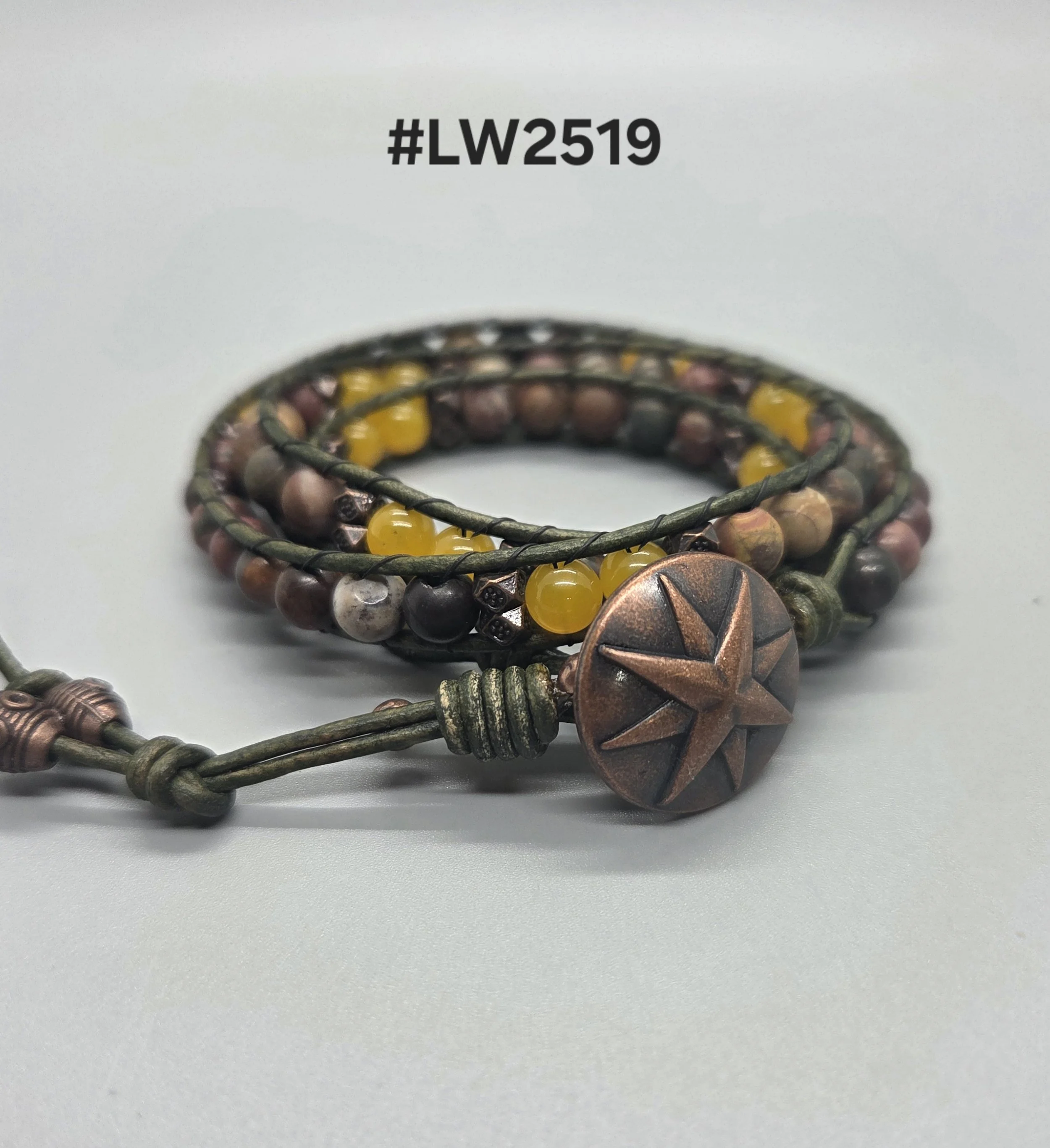 Leather and Bead Triple Wrap Bracelet - Red Creek Jasper, Yellow Agate