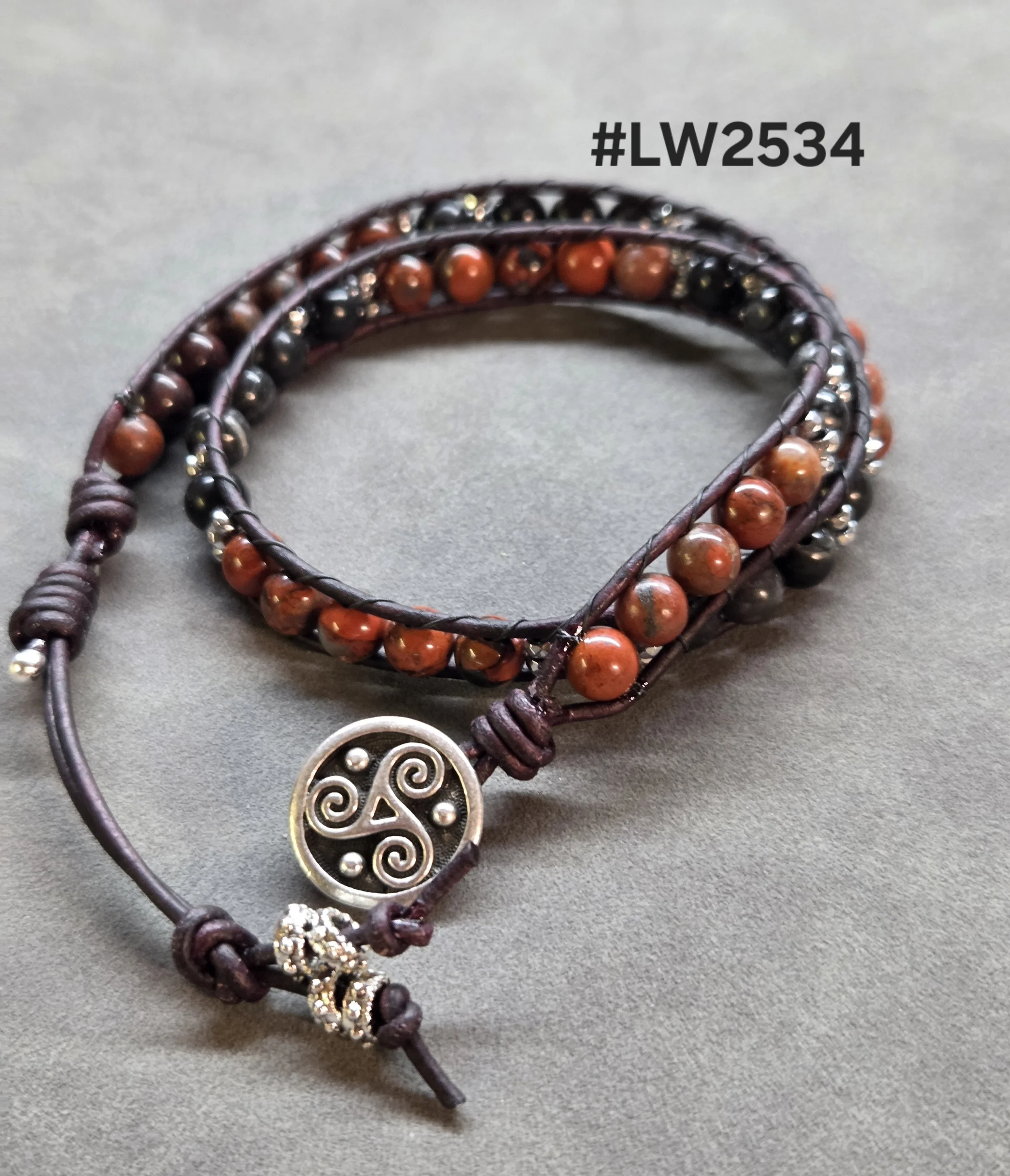 Leather and Bead Double Wrap Bracelet - Brecciated and Picasso Jaspers
