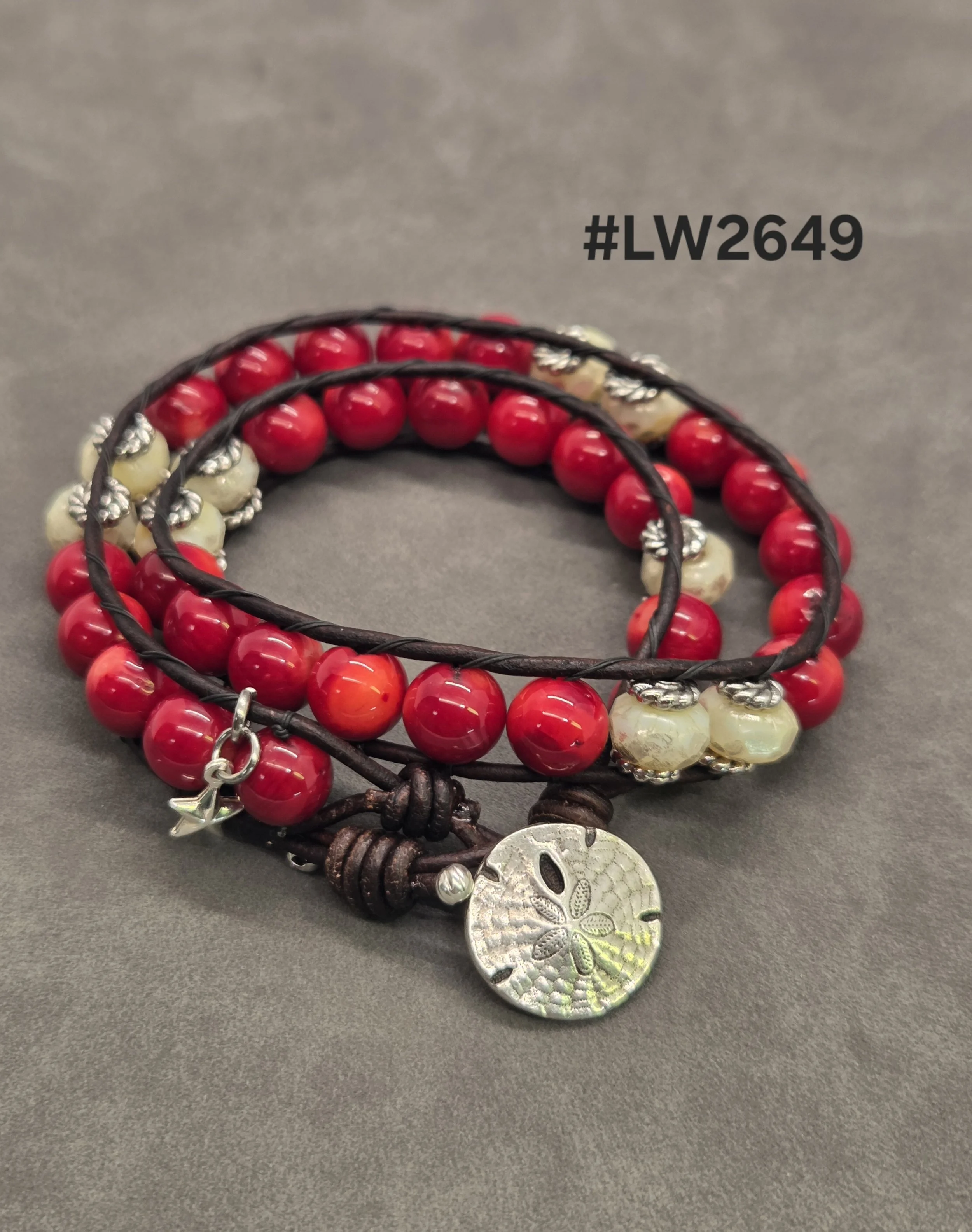Leather and Bead Double Wrap Bracelet - Red Bamboo Coral