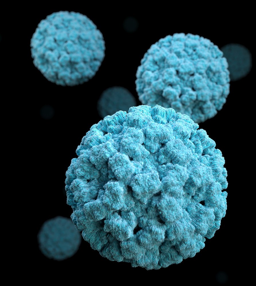 Close-up illustration of multiple blue virus particles floating in black background.