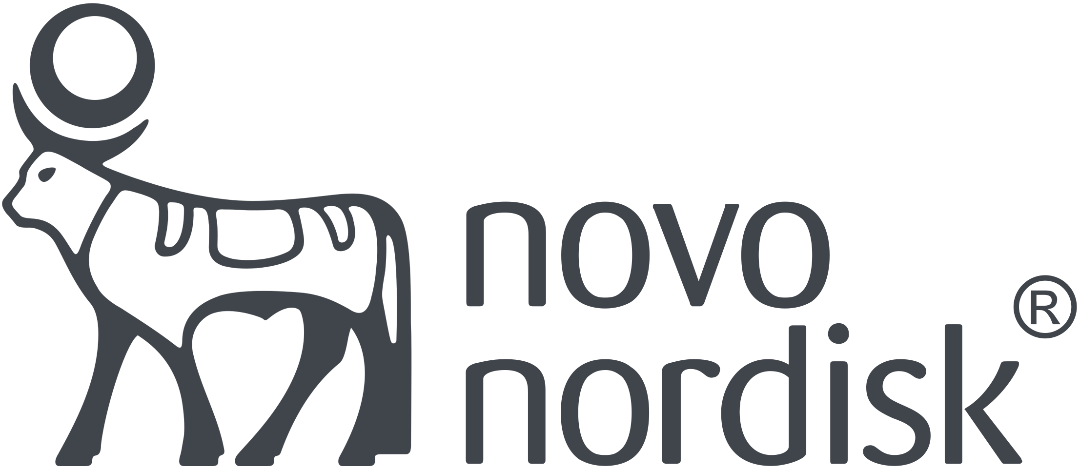 Square logo with an abstract gray elephant and the words "novo nordisk" in lowercase gray letters.