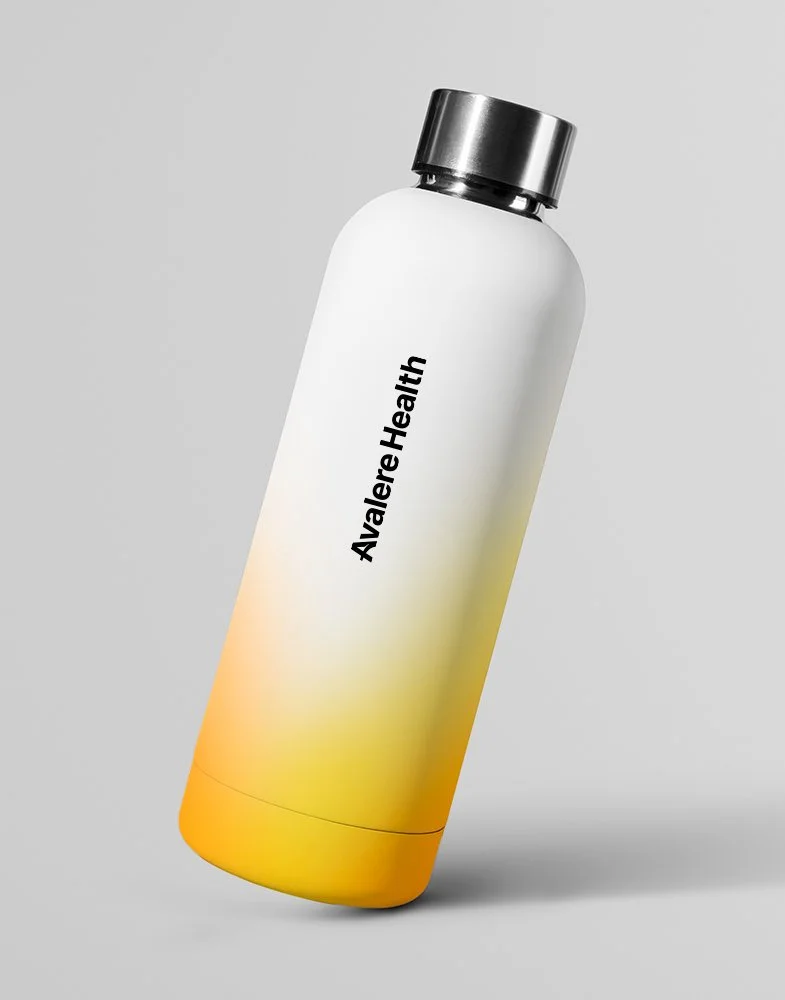 Branded reusable water bottle featuring the Avalere Health logo