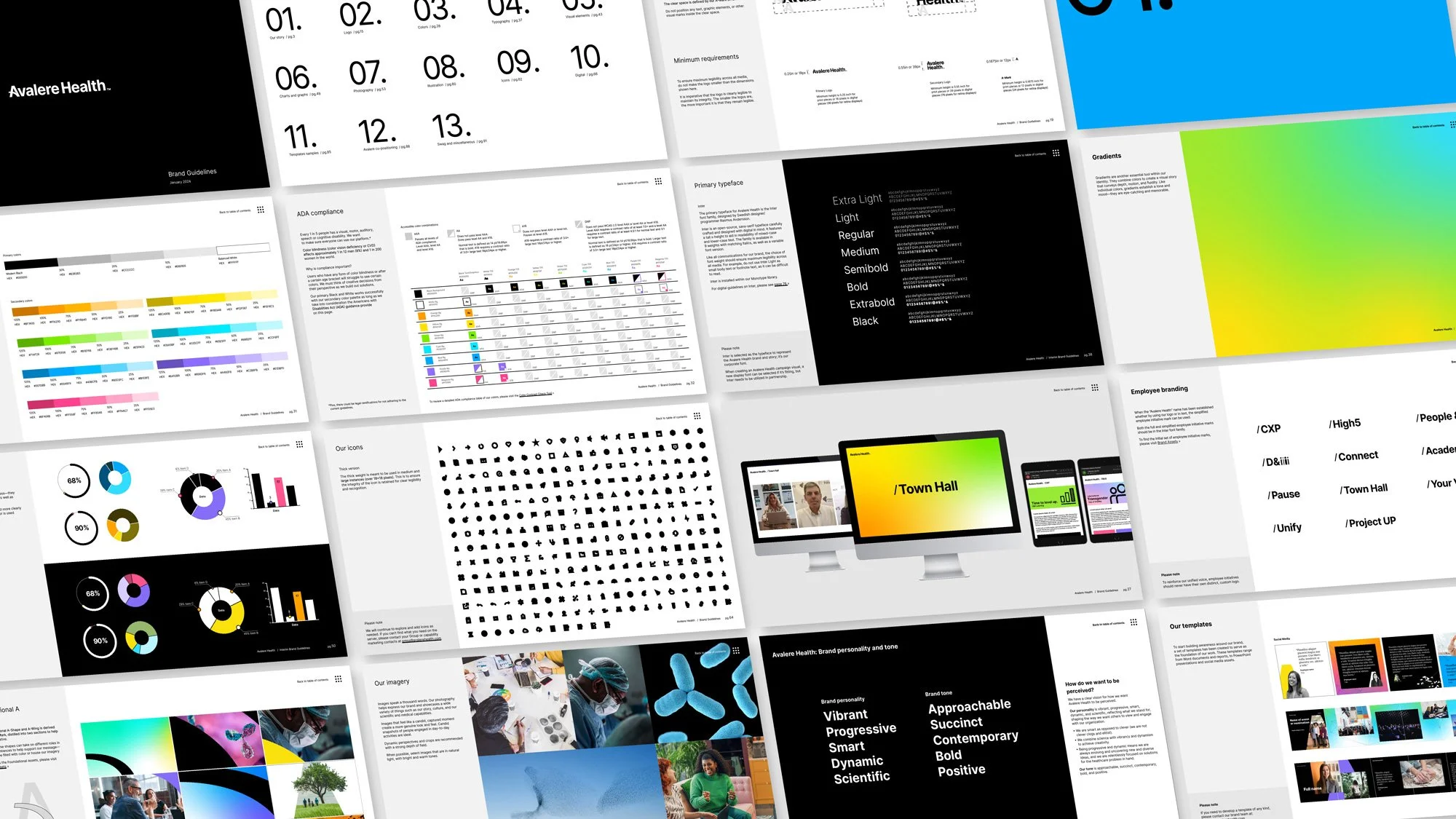 A collage of presentation slides with various colors, charts, icons, and images, including graphs, pie charts, a color gradient, text, and a computer screen displaying a town hall presentation.